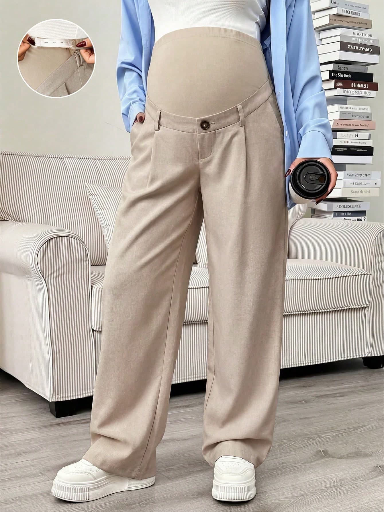 SHEIN Maternity Casual Adjustable Waist Slant Pocket Straight Leg Pants Fall