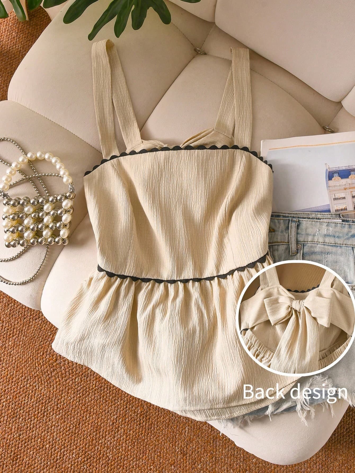 CosyJoli Plus Size Women Beige Plaid Camisole With Bow Tie Back Design, Versatile Casual Elegant Sleeveless Top For Everyday Wear Tea Party Top Vest Summer