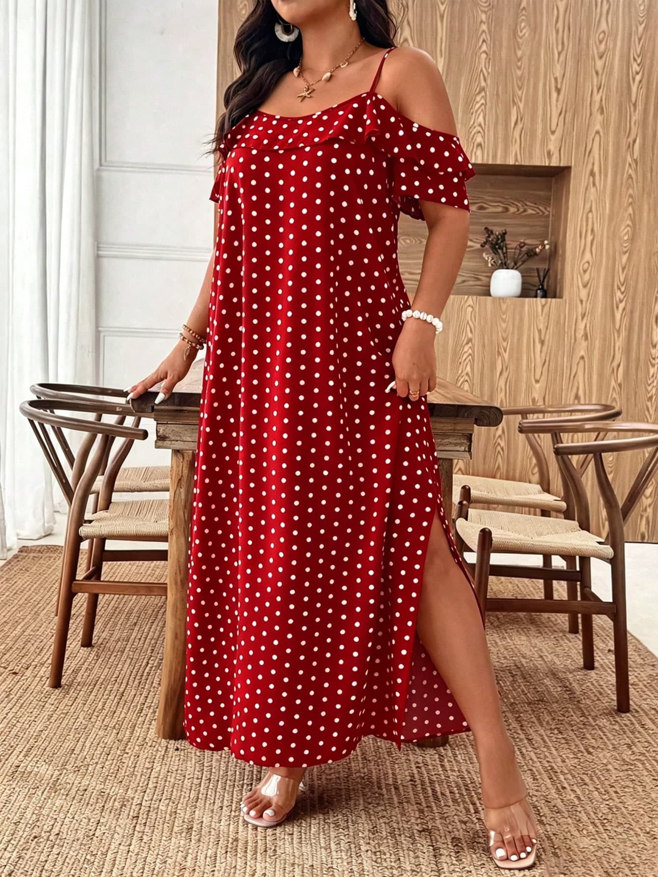 SHEIN Tall Plus Size Women's Summer Vacation Polka Dot Dress, Ruffle Collar, Suitable For Daily Outings/Romantic Long Dress/Vacation Travel