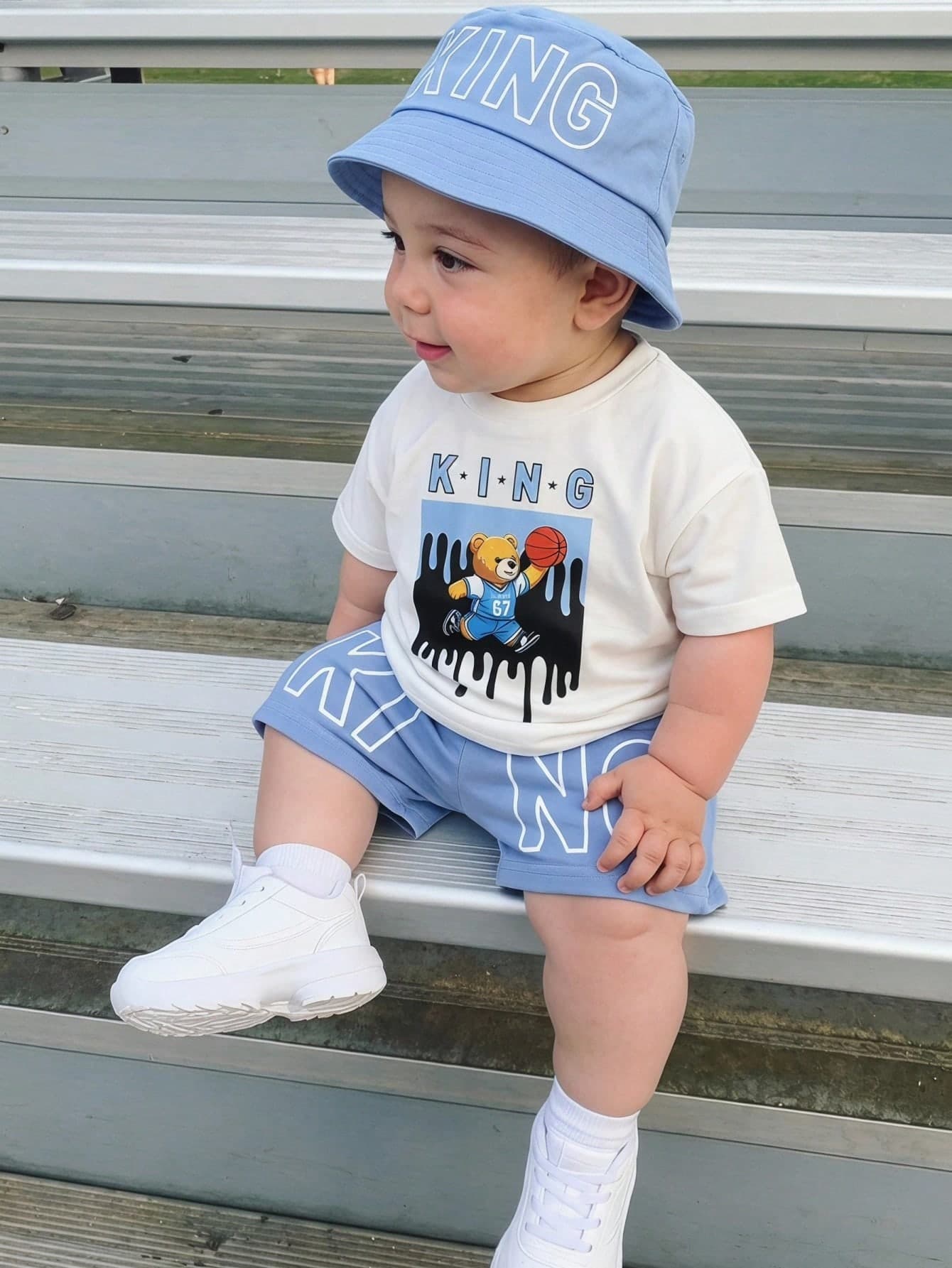 SHEIN 3pcs Toddler Unisex Baby Boy/Girl Cute Teddy Bear Print Short Sleeve T-Shirt, Shorts And Sun Hat Set, Spring/Summer Streetwear Outfit