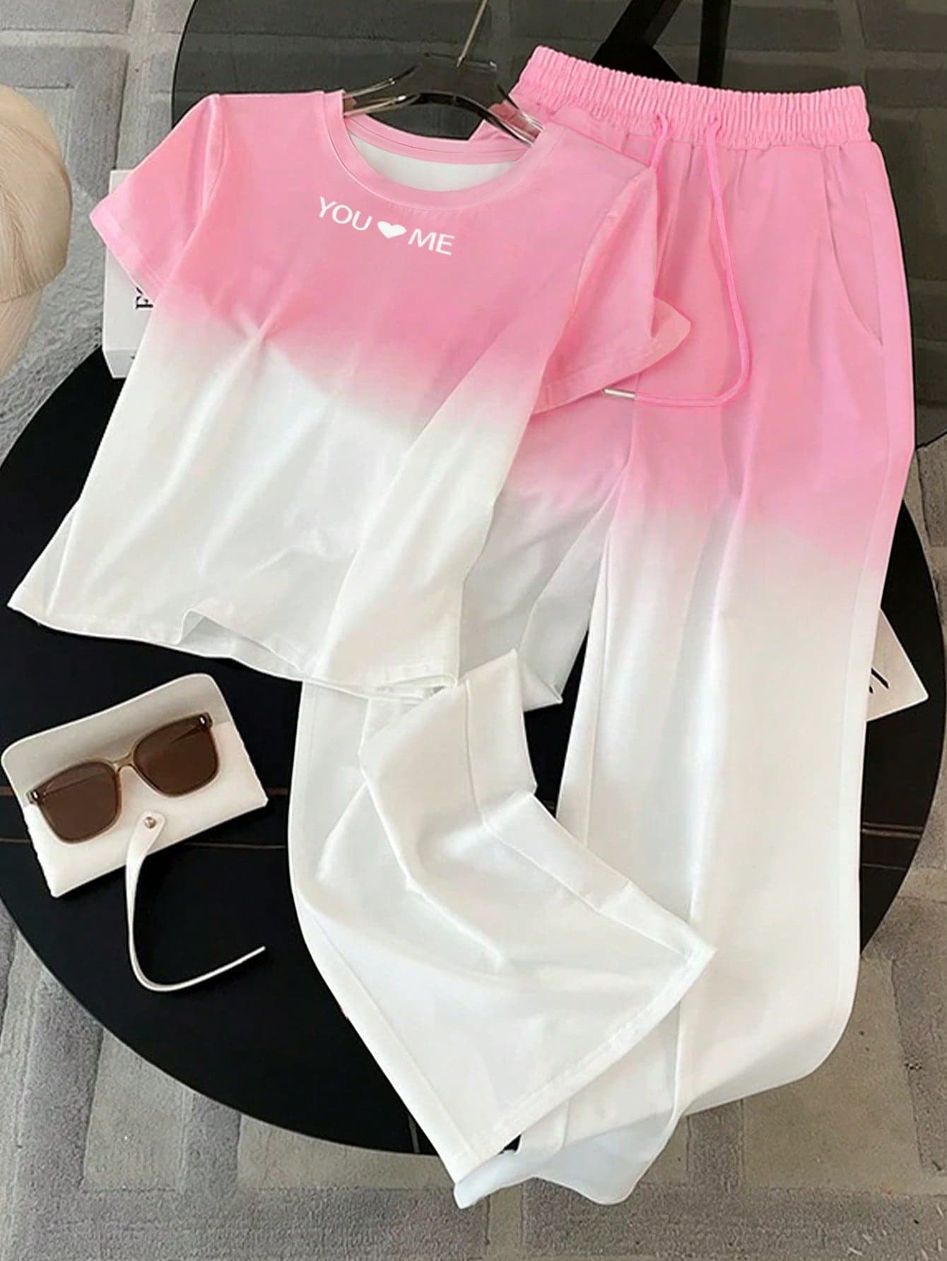 Resyla Regular Fit Crew Neck Short Sleeve T-Shirt + Straight Leg Pants With Slant Pockets