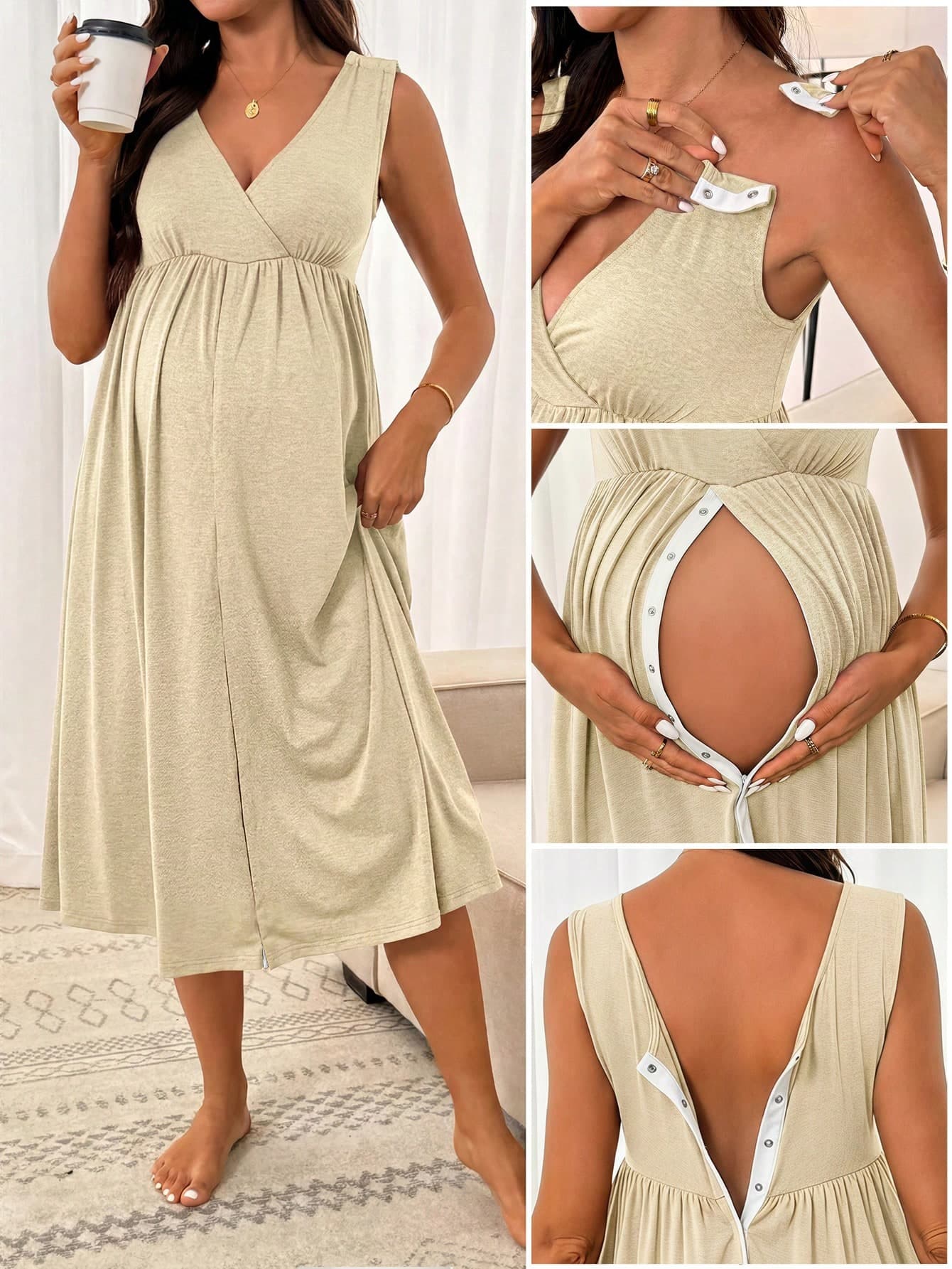 Slowluna Women's Solid Color Minimalist V-Neck Sleeveless Maternity Delivery Gown