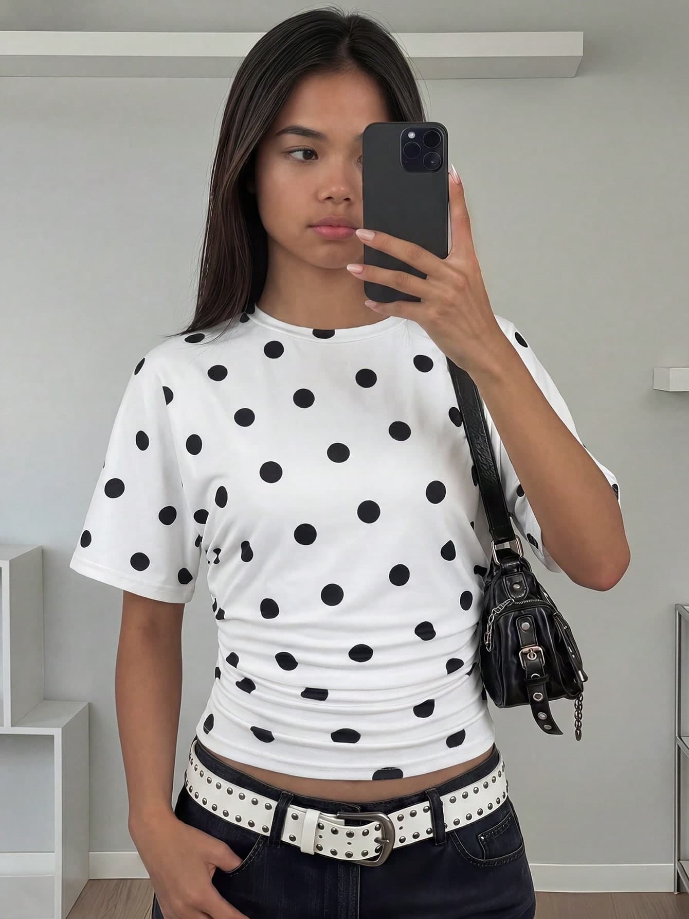 SHEIN Teen Girl Knitted White Polka Dot Ruched Waist Round Neck Short Sleeve Cropped Casual T-Shirt KIDS