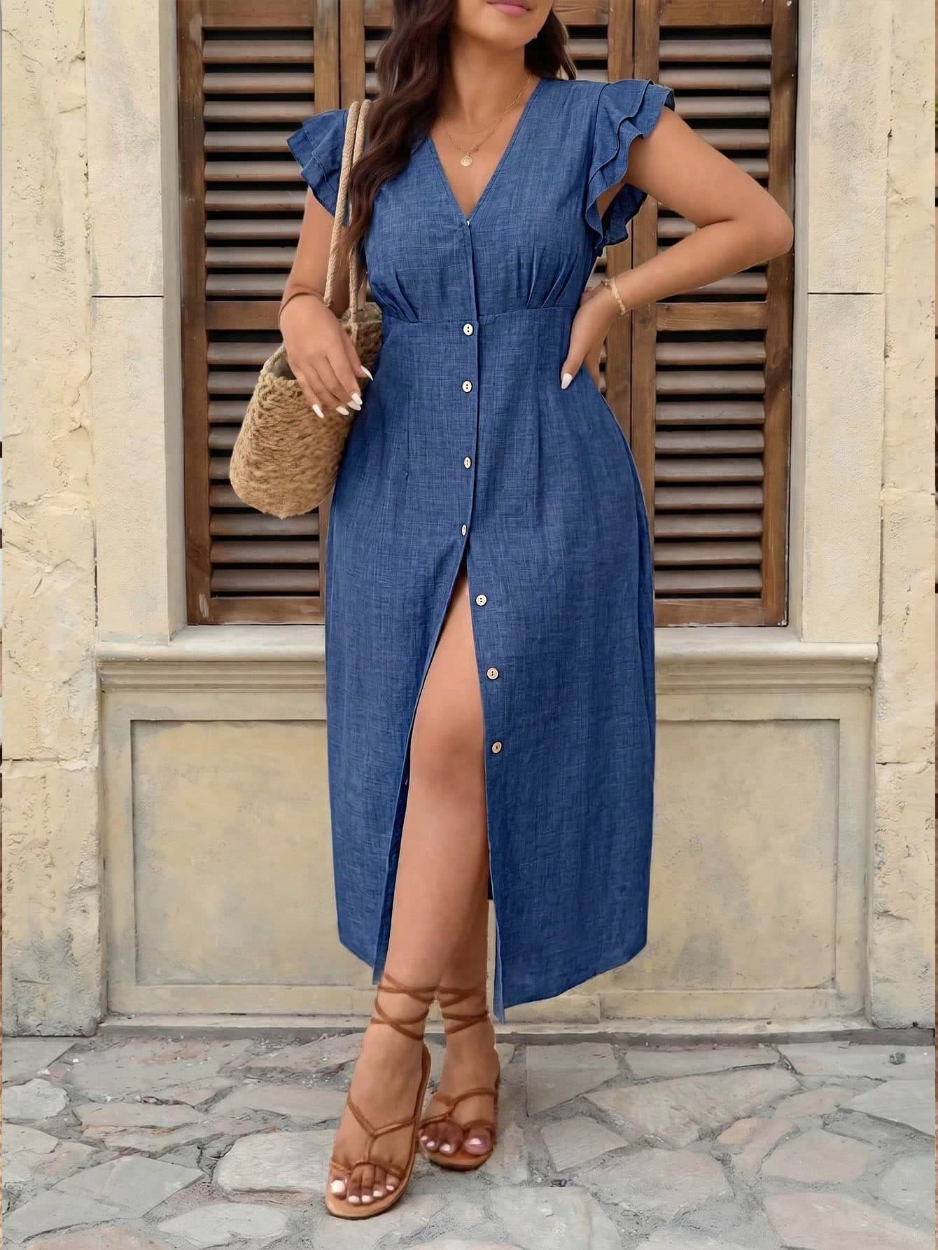 Embrisa Plus Size Elegant V-Neck Layered Cap Sleeve Vacation Dress Casual Navy Blue For Women Ruffle Sleeve Going Out Brunch Formal Summer