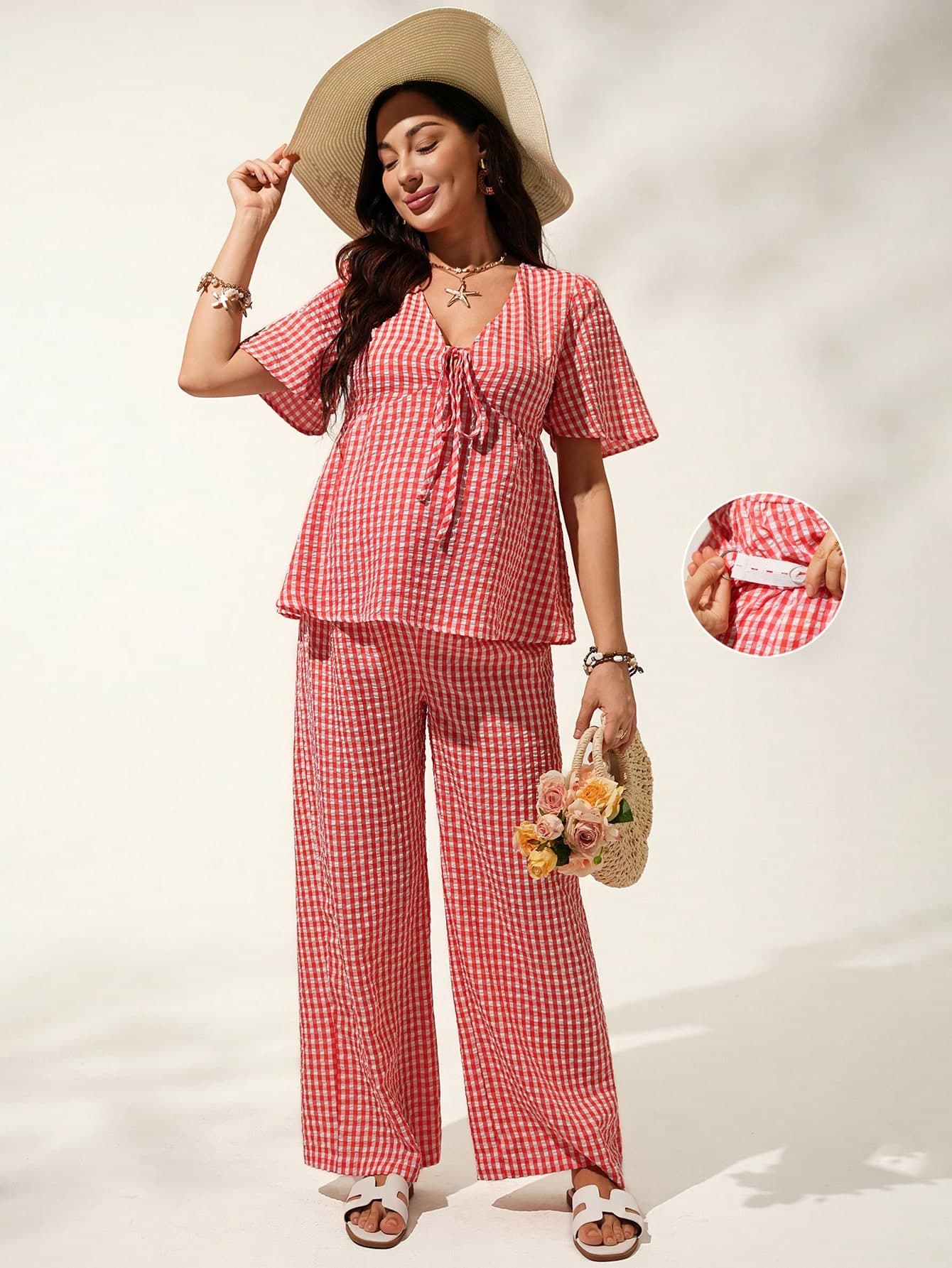 GentleRue Maternity Lace-Up Plaid Top And Loose Wide-Leg Pants 2 Pieces Set