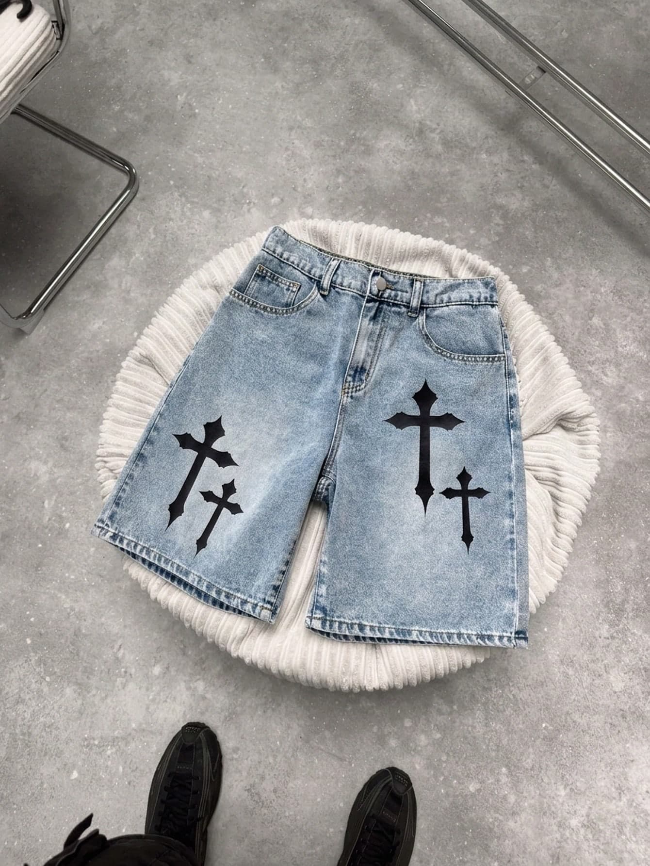 Teen Boy Fashion Casual Y2k Vintage Cool Street Cross-Stitch Pattern Blue Loose-Fitting Denim Shorts Cross-Stitch Pattern Blue Loose-Fitting Denim Shorts