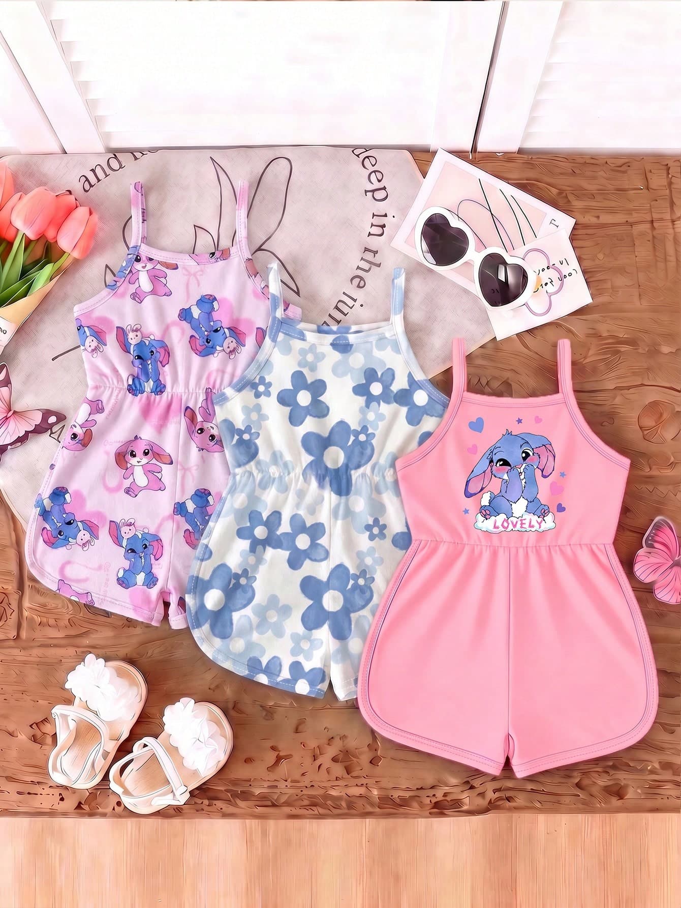 3pcs/Set Baby Girl Summer New Soft Fabric Spaghetti Strap Round Neck Cute Floral Print Casual Romper