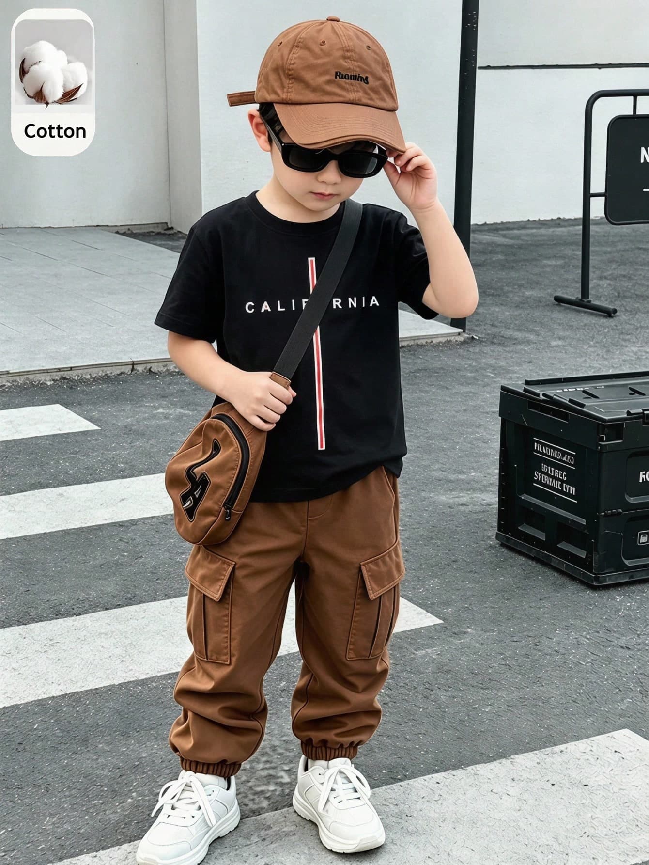 2pcs Young Boys Fashionable Black T-Shirt And Olive Green Cargo Pants Set, Soft Fabric, Comfortable, Stylish Fit, Suitable For Summer, Sports, School And Various Occasions, Must-Have Outfit For Toddler Boys