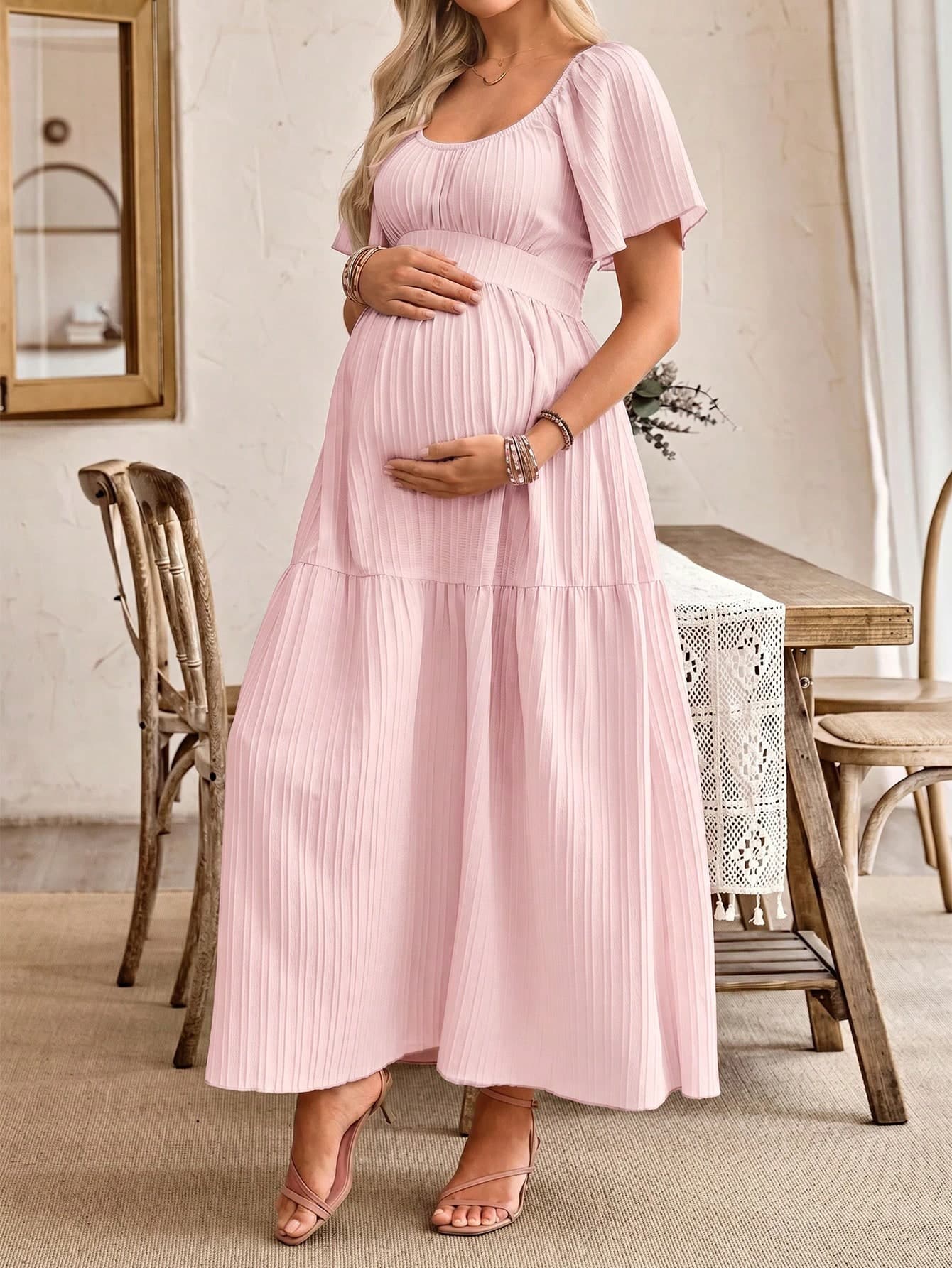 SHEIN Women's Casual Ruffle Sleeve Bow Back Design Maternity A-Line Dress