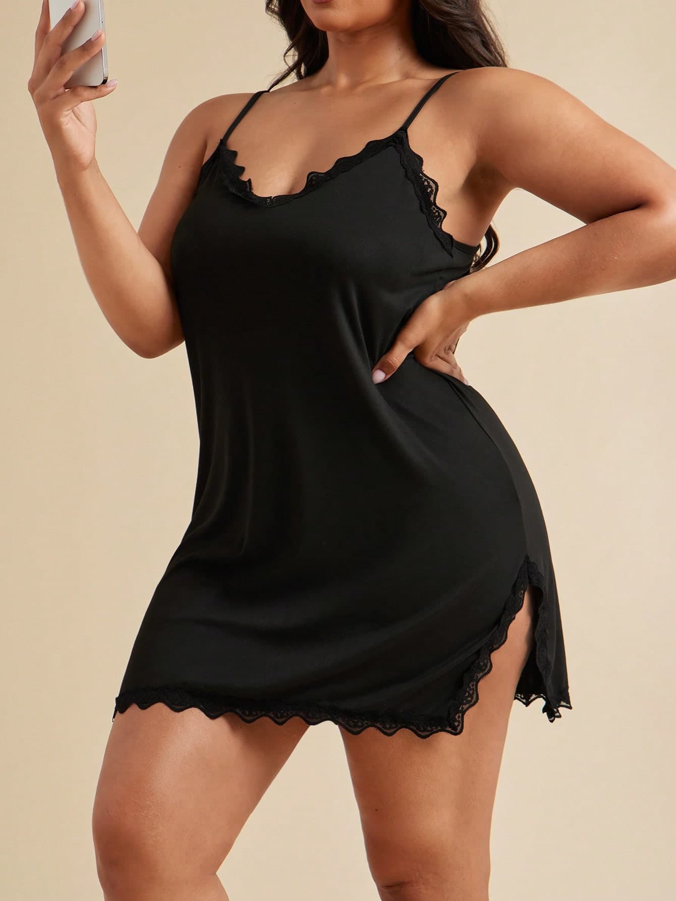 SHEIN BAE CURVE Plus Contrast Lace Split Hem Cami Pajama Nightdress