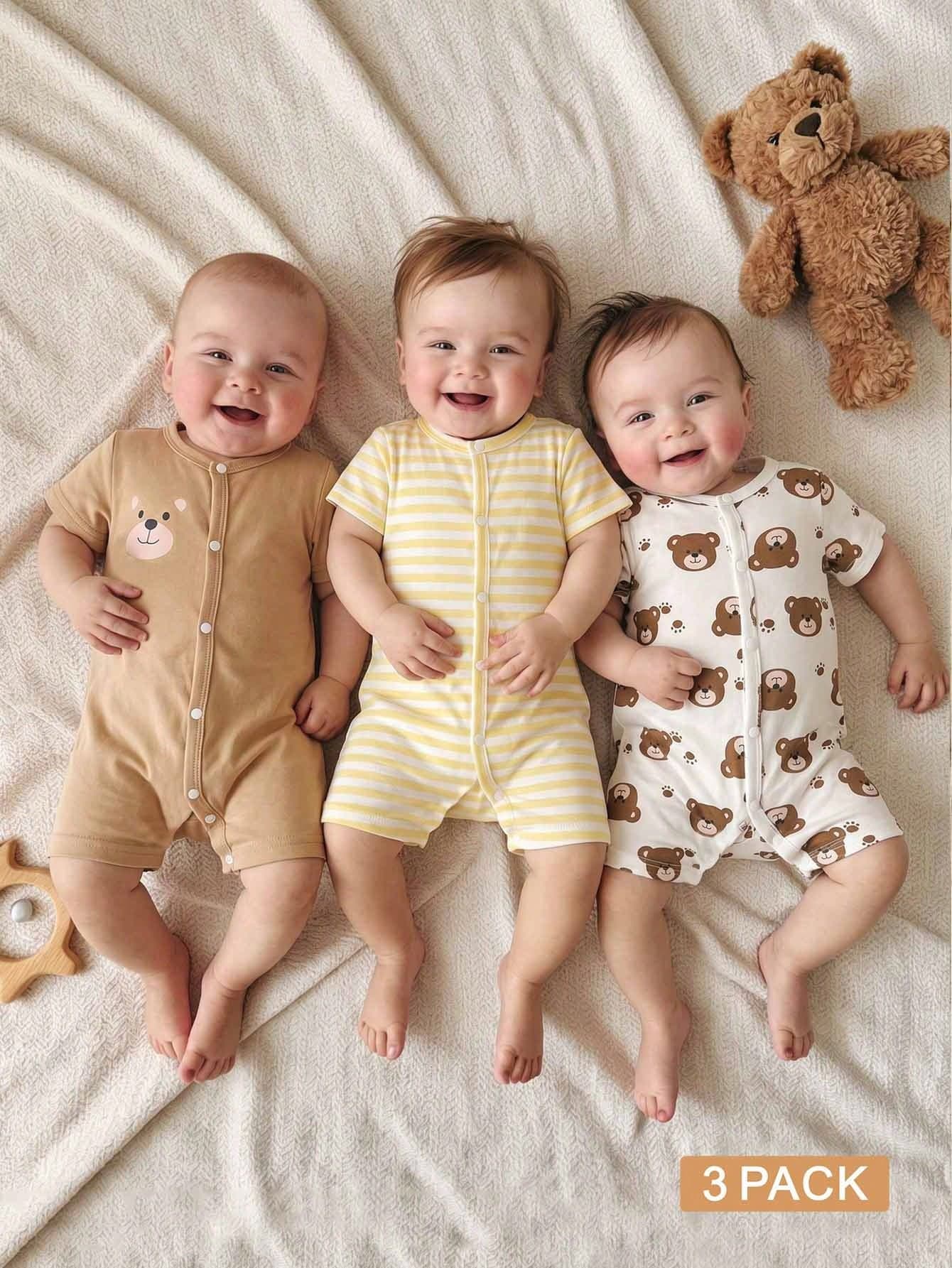 SHEIN 3pcs/Set Newborn Baby Boy Cartoon Cute Bear Striped Print Short Sleeve Romper Shorts Thin Style Suitable For Daily Wear, Party, Celebration, 1st Birthday, 0-1 Years Old, Spring/Summer New Arrival