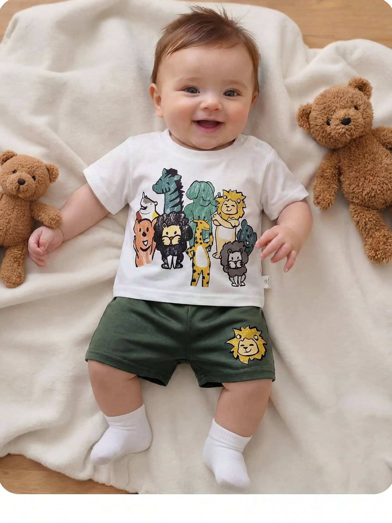Newborn Baby Boy Cute Summer Knit Cartoon Pattern Short Sleeve T-Shirt And Shorts Set