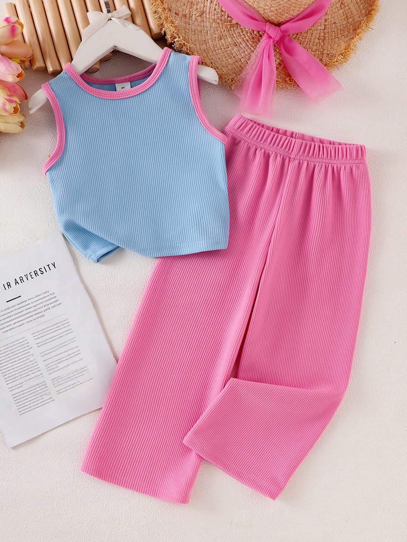 SHEIN Elladie kids Everyday Casual Young Girls Blue And Pink Ribbed Co-Ord Set With Round Neck Tank Top Long Pants Knit Contrast Trim Co-Ords Squishy Summer Outfits