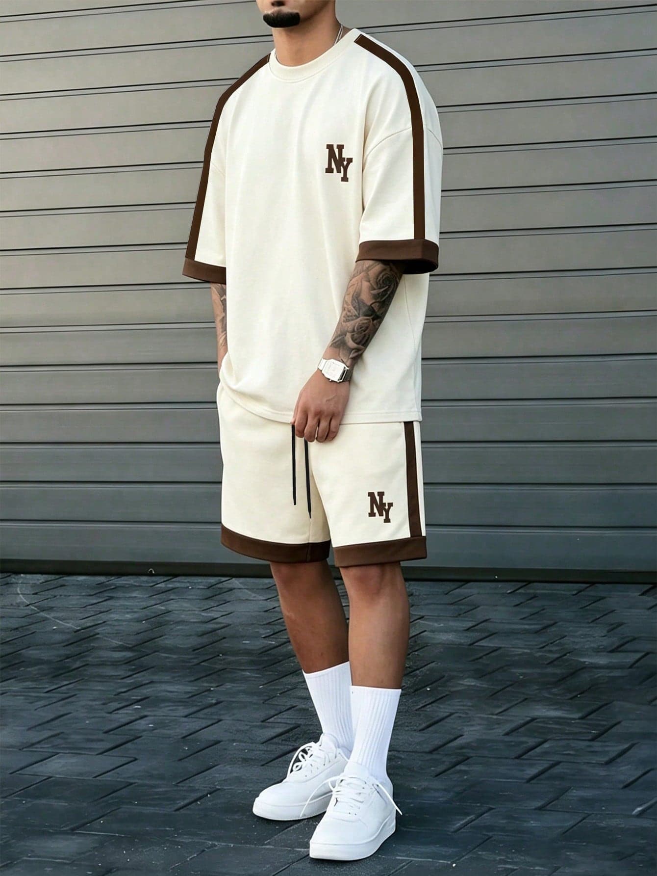 Manfinity Homme Men's Short Sleeve Crew Neck T-Shirt & Shorts Set,Loose Fit Colorblock White Summer Graphic Streetwear Going Out,NY Letter Print Old Money Style
