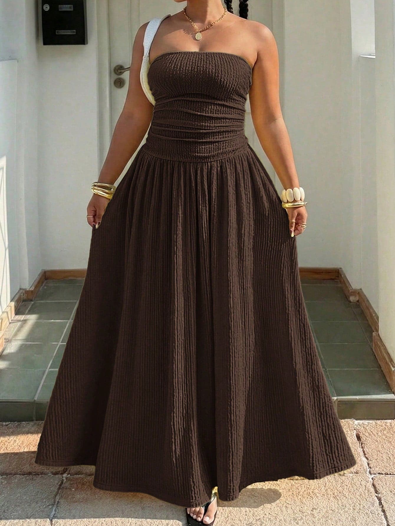 Muchica Plus Size Brown Solid Minimalist Casual Tube Dress