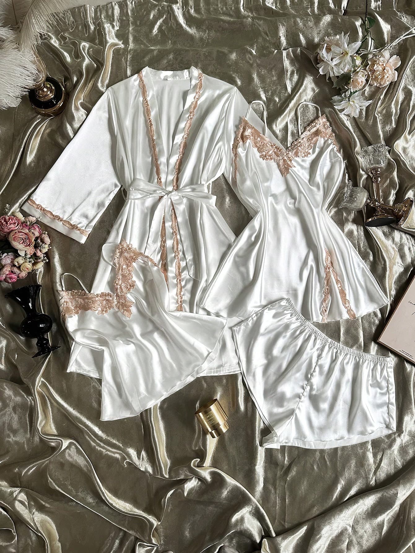 SilkySpell 4pcs/Set Women's Plus Size Pajama Set, Silky Satin Camisole Split Nightgown, Elegant Long Sleeve Robe, White Multi-Piece Set, Lace Trim Night Autumn