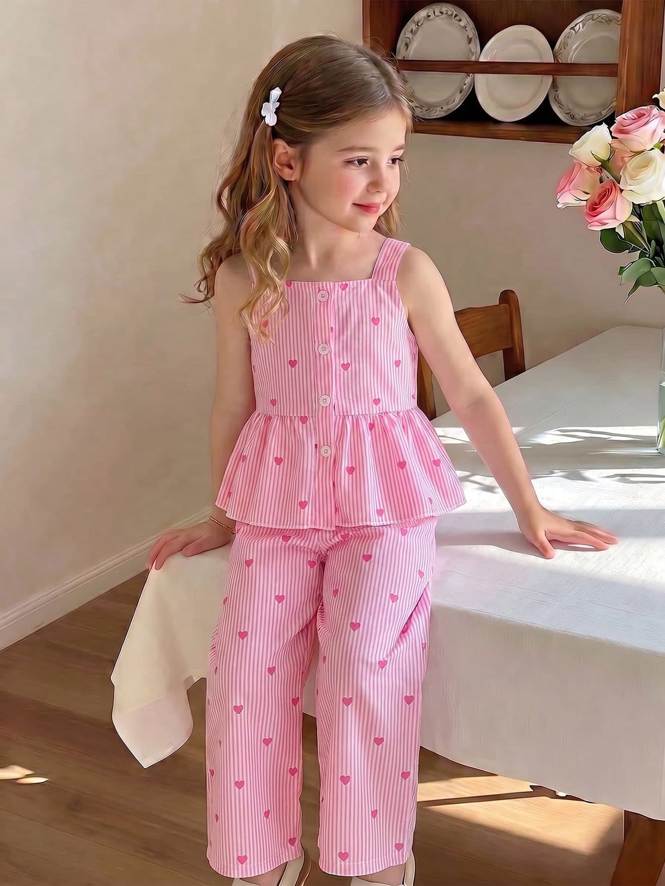SHEIN Elladie kids Spring/Summer 2-Piece Girls' Toddler/Young Girl Outfit Set, Pink & White Striped Heart Print Camisole Top + Wide Leg Long Pants, Square Neck Camisole Design Suitable For Summer, Button Decor On Chest Adds Detail, Ruffle Hem Cut For Playful & Lively Look; Bright Pink & White Stripes Paired With Heart Print, Energetic & Sweet, Overall Fresh & Lively Style, Suitable For Daily Outings, Amusement Parks, Parties, Parent-Child Activities, Etc.
