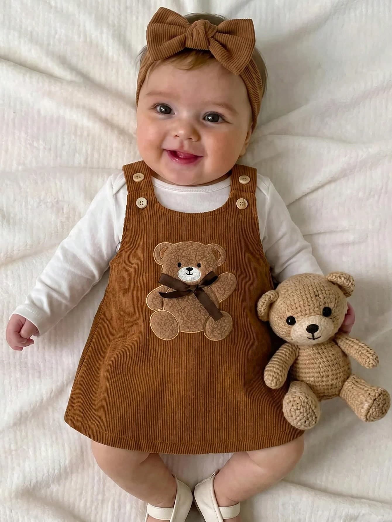 SHEIN Newborn Baby Girl Cute Versatile Casual Cartoon Bear Pattern Dress