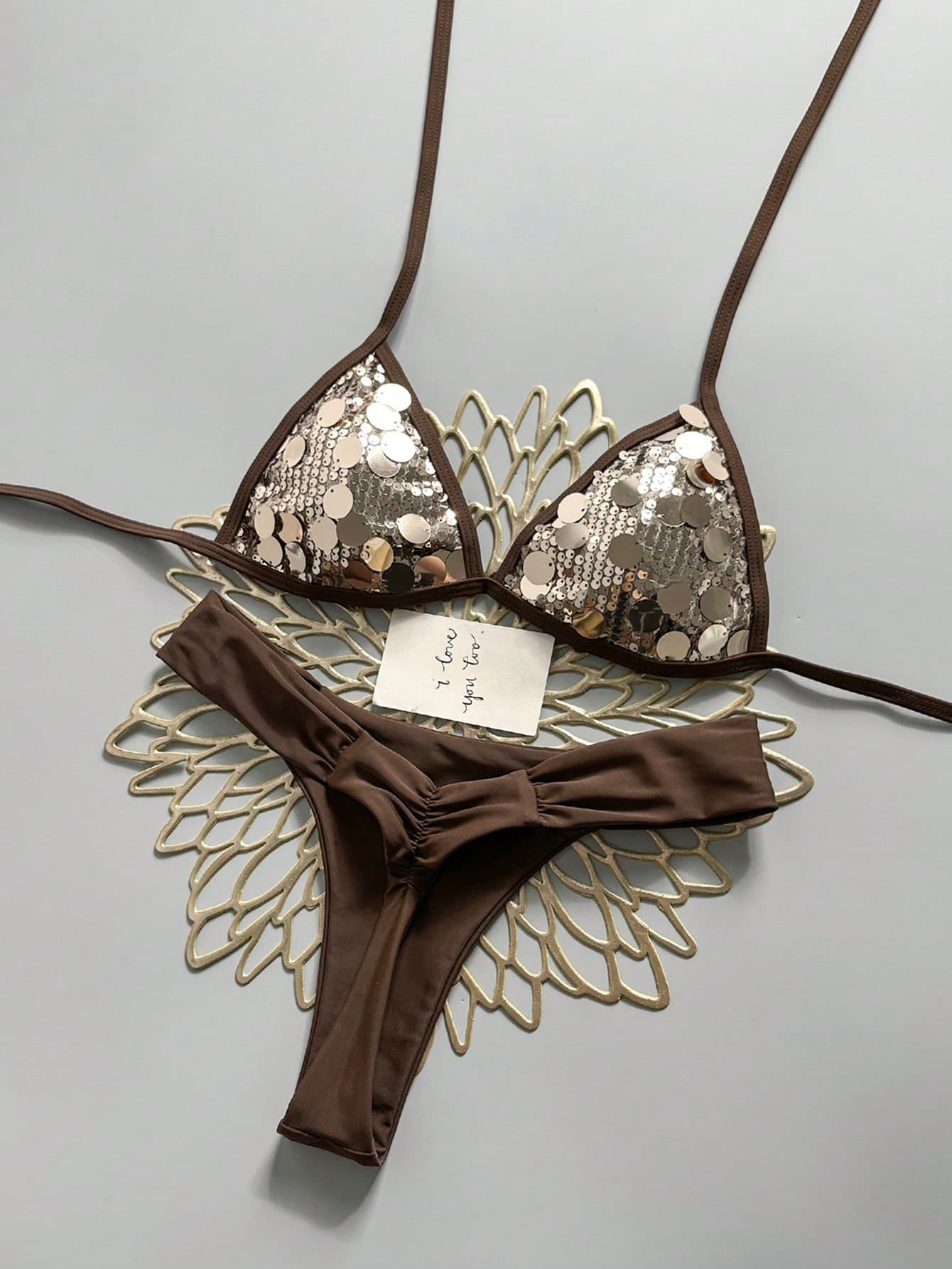 Swim Mod Summer Beach Women 2pcs Champagne Gold Sequin Fabric Triangle Tie Top & Ruched Bikini Bottoms Swimsuit Set