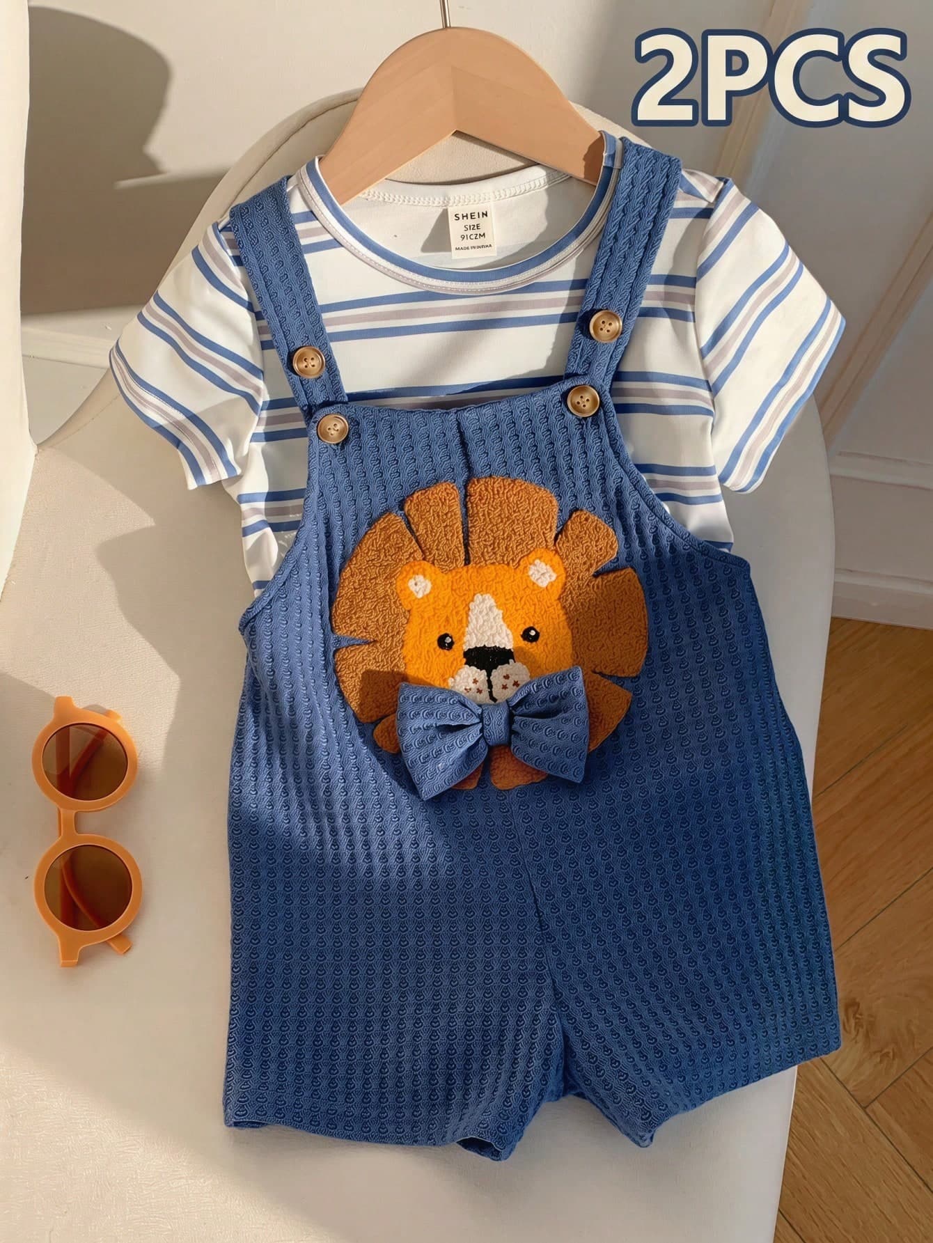 SHEIN 2pcs Set Includes Striped T-Shirt & Cartoon Lion Suspender Shorts, Baby Boy Cute Summer Knitted Striped Short Sleeve T-Shirt And Overalls Set