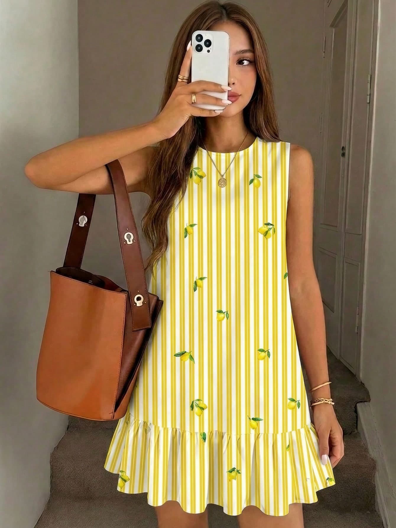 SHEIN Girlism Teen Girl Striped Lemon Pattern Print Ruffle Hem Round Neck Dress