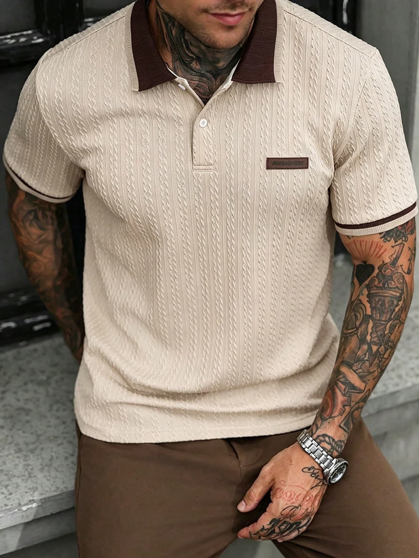 Manfinity CasualCool Men's Letter Printed Short Sleeve Polo Shirt,Beige,Summer,Smart Casual,Holiday,Vintage Old Money Casual Commuter Brown Tops For Daily Leisure Office