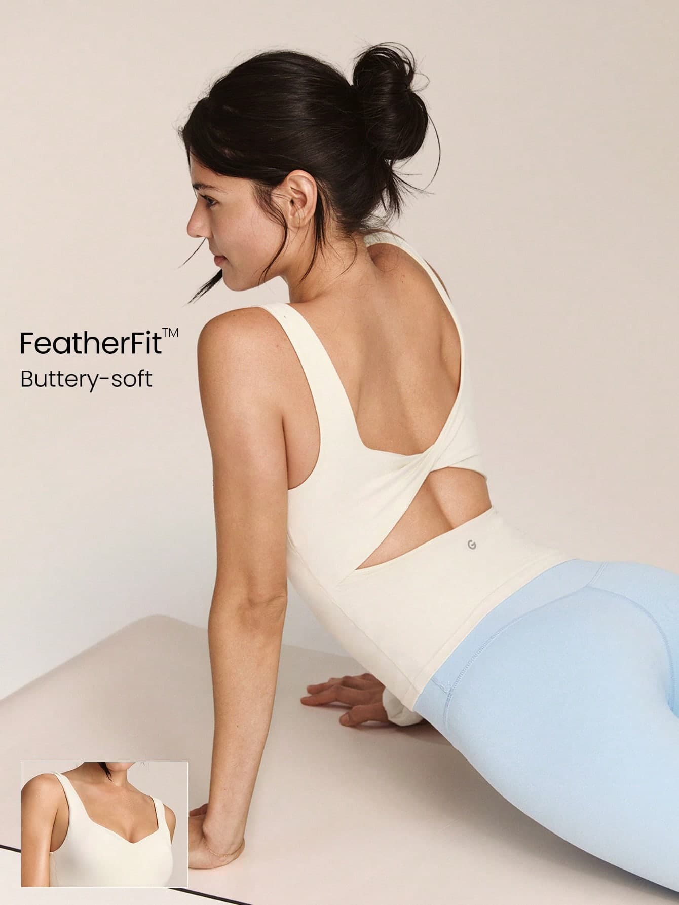 GLOWMODE FeatherFit™ Soft Win Buttery-Soft Sweetheart Neck Twisted Open Back Removable Cups Long Tank Top Low Impact Yoga Pilates Studio Daily Wear
