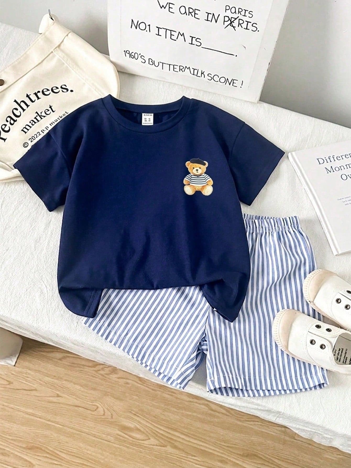 Playful Pals 2pcs/Set Toddler Boys' Cotton Outfit Set, Cute Bear Print Navy Tee Blue White Striped Shorts, Casual Summer Kids Summer Top Back-To-School School