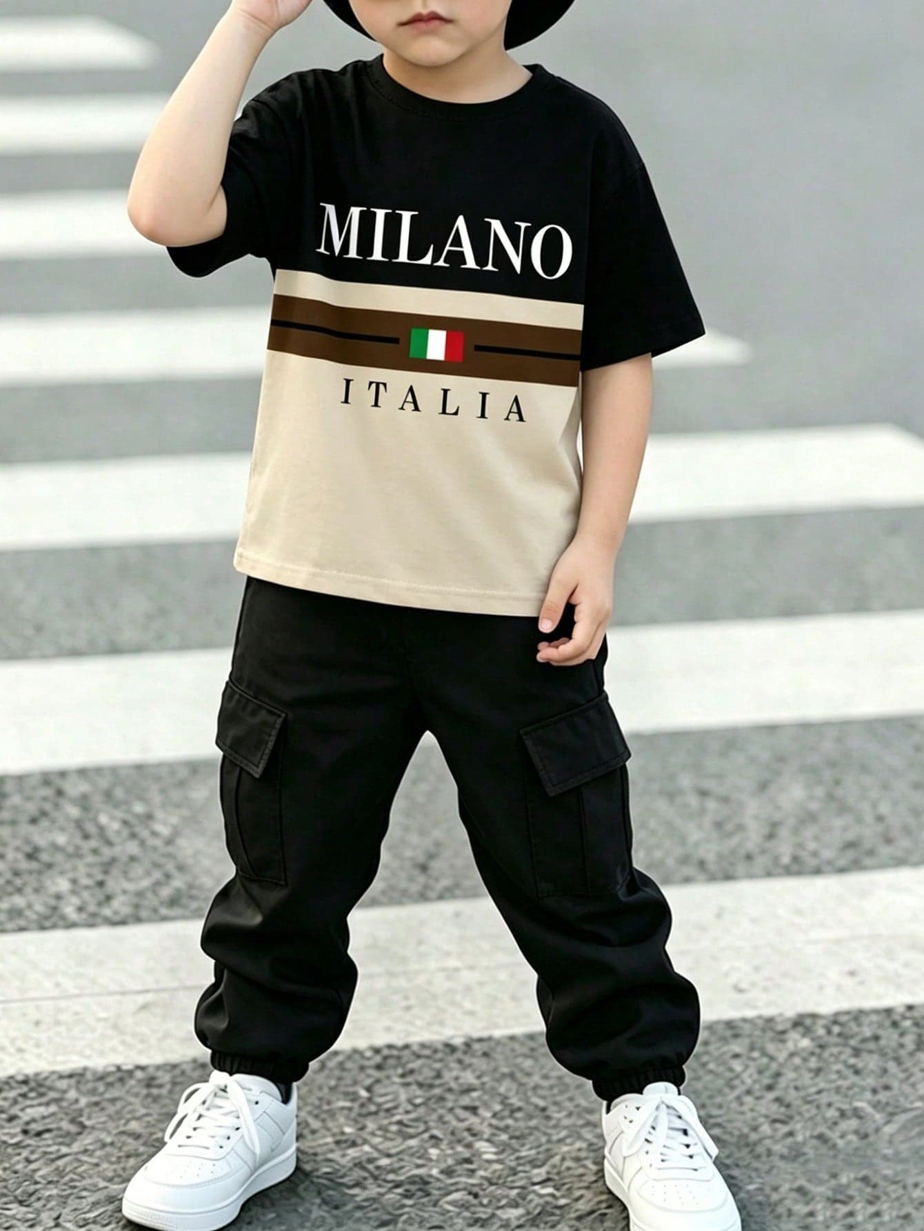 SHEIN Genkimix Kids Young Boy Cool Fun English Letter Contrast Color All-Over Print Fashion Round Neck Short Sleeve T-Shirt With Cargo Pants Set, Suitable For Holiday Gatherings, Parties, Spring/Summer, Easy And Comfortable, Summer Must-Wear Choice, Fashion Casual Wear, Spring/Summer Streetwear, Outdoor Casual Outfits, Back To School, Suitable For Outdoor Picnics, Street Photography, Campus, Holidays, Gifts