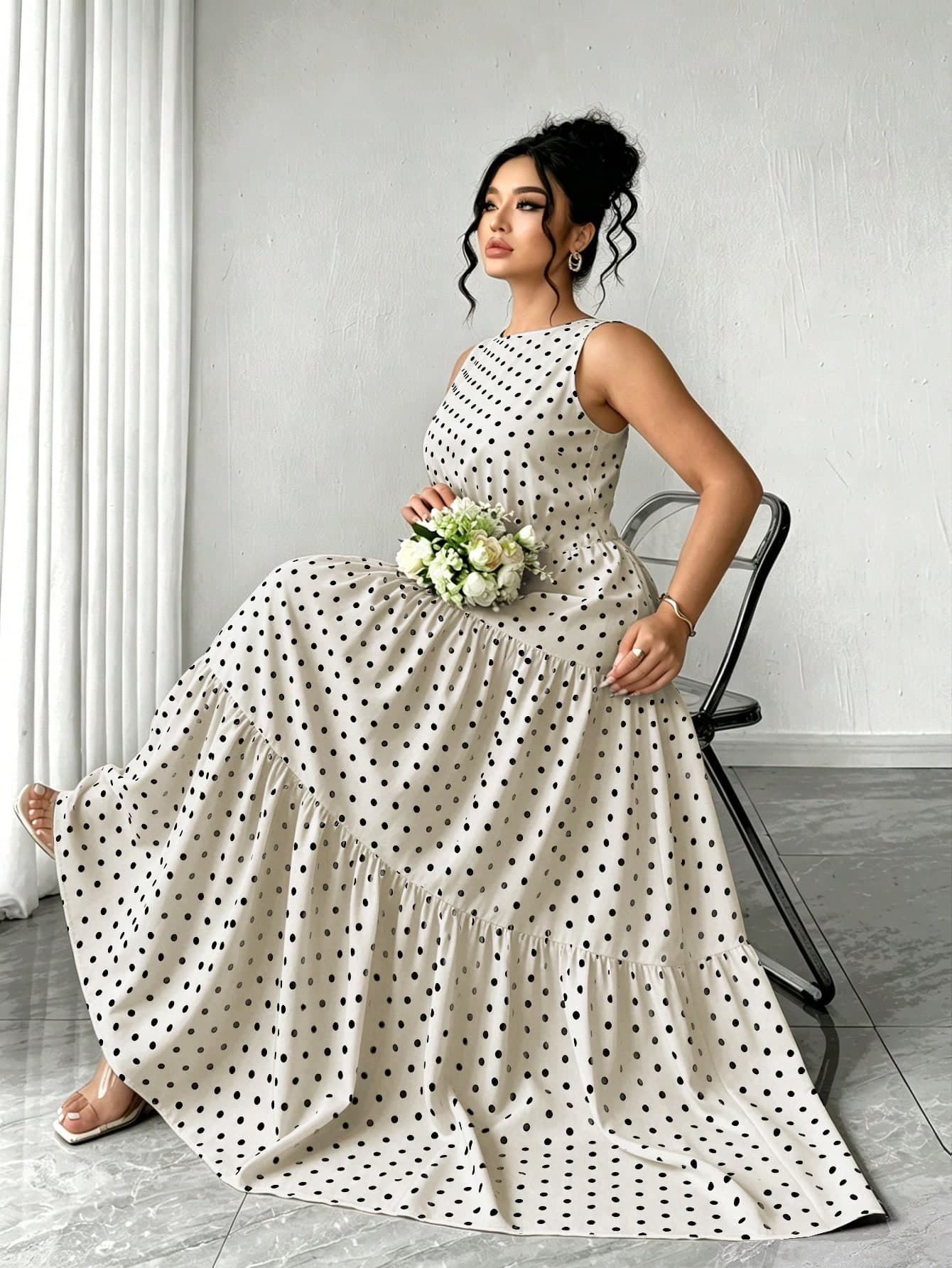 Elenzga Plus Size Women's Summer Elegant Casual Minimalist Round Neck Sleeveless Waist-Defining Long Maxi Skirt Navy Blue Polka Dot Dress