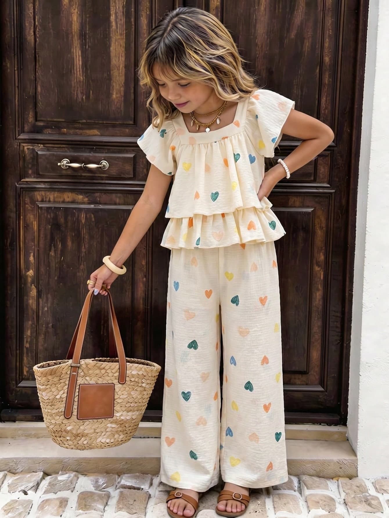 SHEIN Genkimix Kids Spring/Summer 2-Piece Girls' Toddler/Youth Outfit Set, Colorful Heart Print Square Neck Short Sleeve Top + Wide Leg Pants, Square Neck Short Sleeve Design Suitable For Summer, Double Layer Ruffle Hem Cut Adds Layering, Bright Colorful Heart Print Playful And Eye-Catching; Matching Color Wide Leg Pants Crisp And Elegant, Overall Style Fresh And Lively, Suitable For Daily Outings, Amusement Parks, Gatherings, Parent-Child Activities And More.