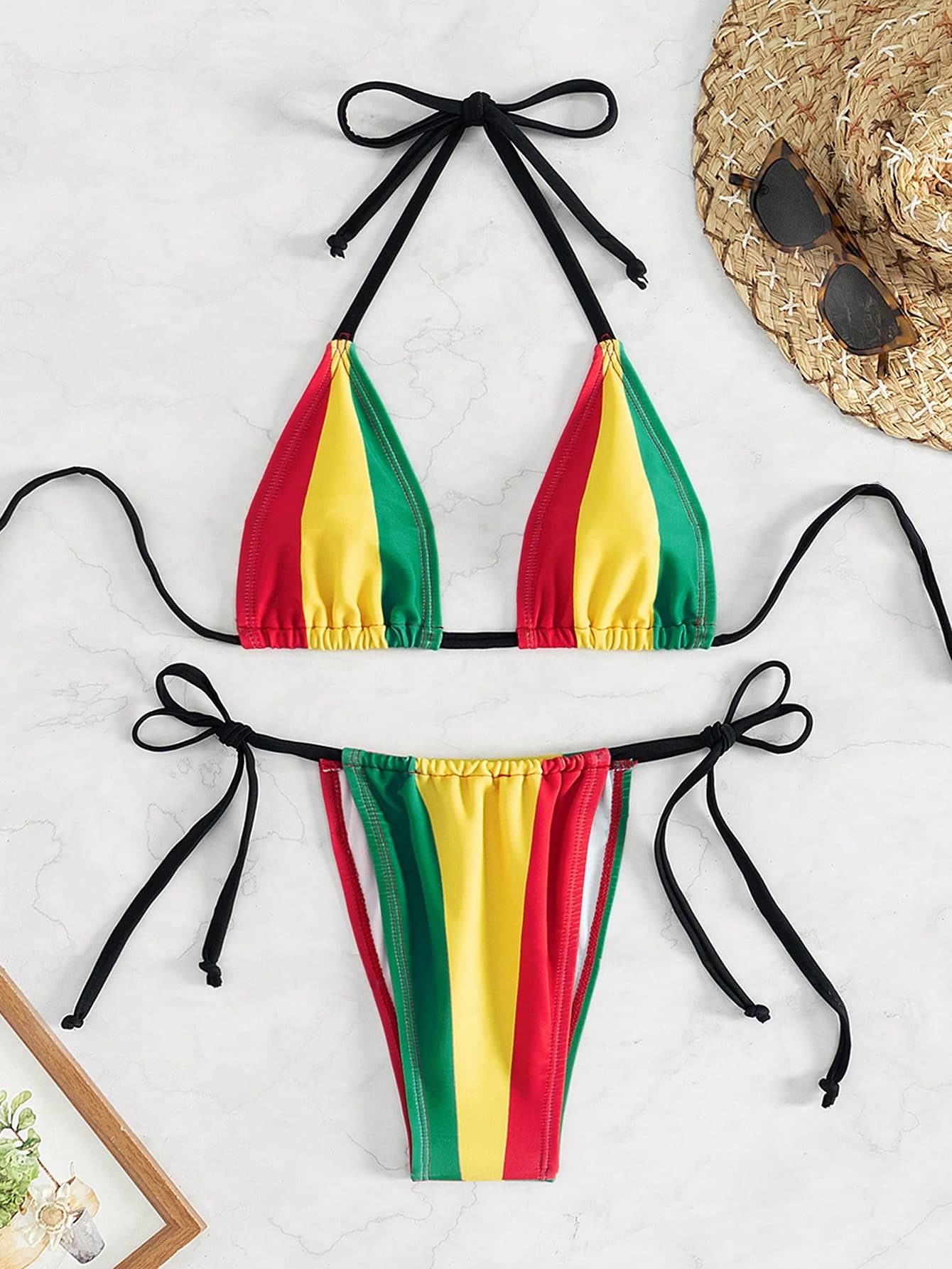 SHEIN Swim Summer Beach Women's Striped Multicolor Halter Neck Tie Bikini Set