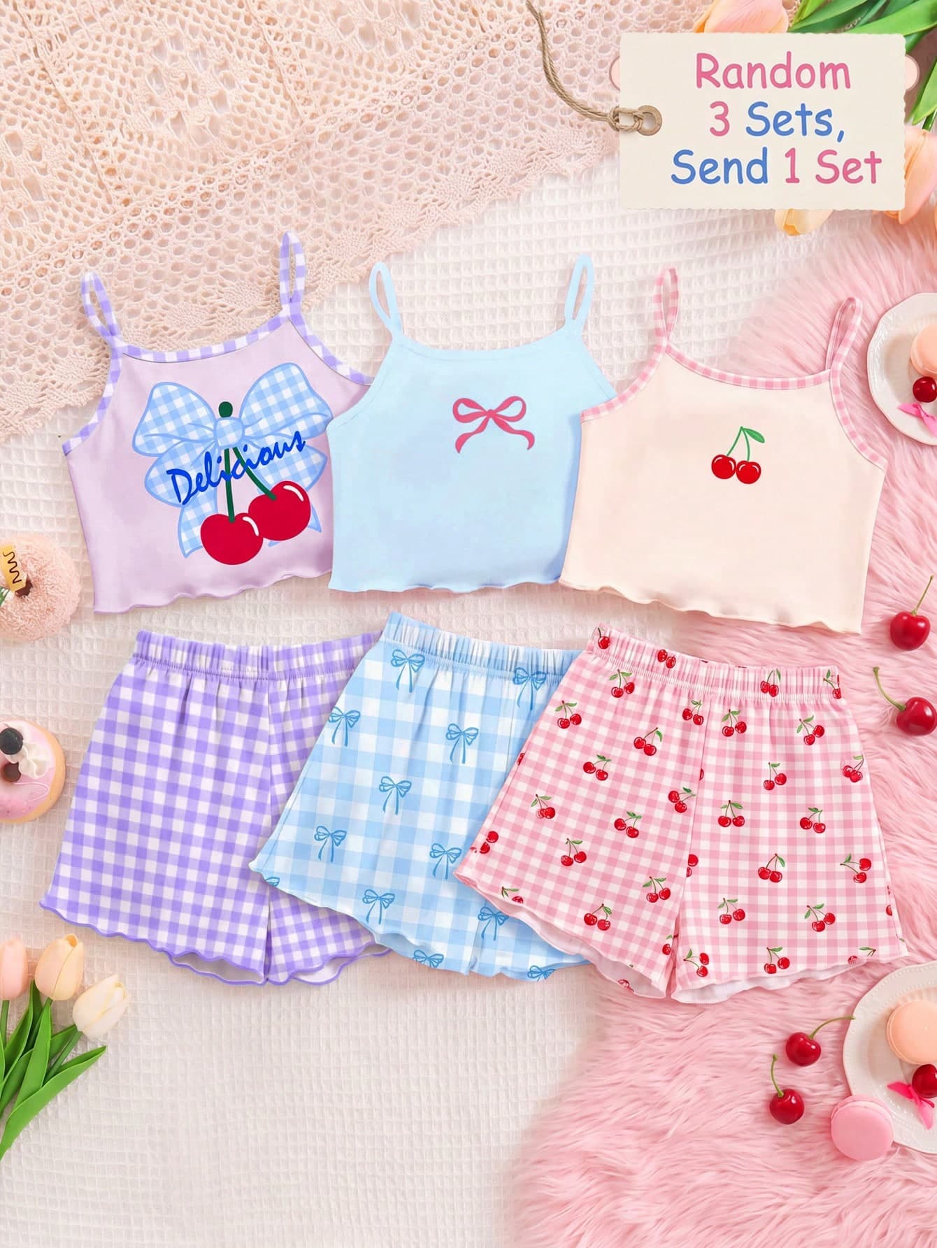 Sweet Cartoon Bow Vintage Cherry Print Tween Girl Casual Minimalist Slim Fit Cartoon Pattern Cami Top And Shorts Set, Suitable For Summer Home Wear, Cami Set, Cami And Shorts Set, Easy Comfort, Chill Vibes, Laid-Back Style, Girly Style, Random 3 Sets, Send 1 Set