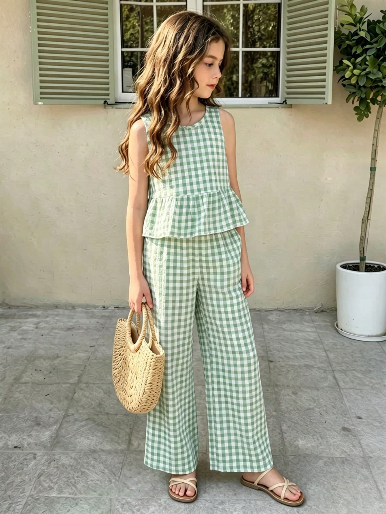 SHEIN Tween Girl Spring/Summer New Minimalist Basic Fresh Green Plaid Pullover Sleeveless Top And Long Pants 2pcs Set, Vacation Casual, Comfortable And Lightweight Fabric, Black Lace Trim Hem, High Fashion, Perfect For Summer Beach Vacation