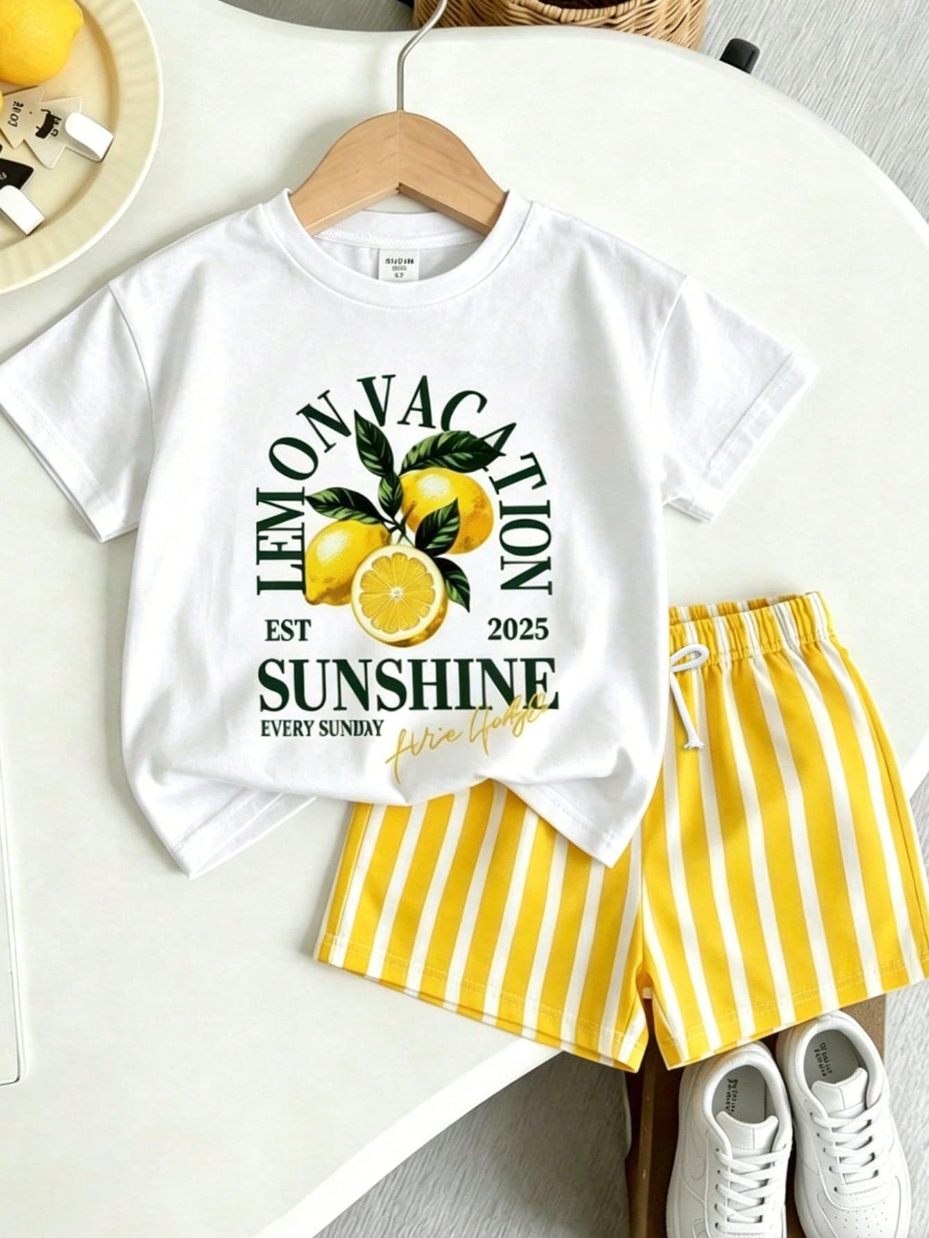 SHEIN Playful Pals Young Boy Lemon Letter Print T-Shirt And Striped Shorts Set