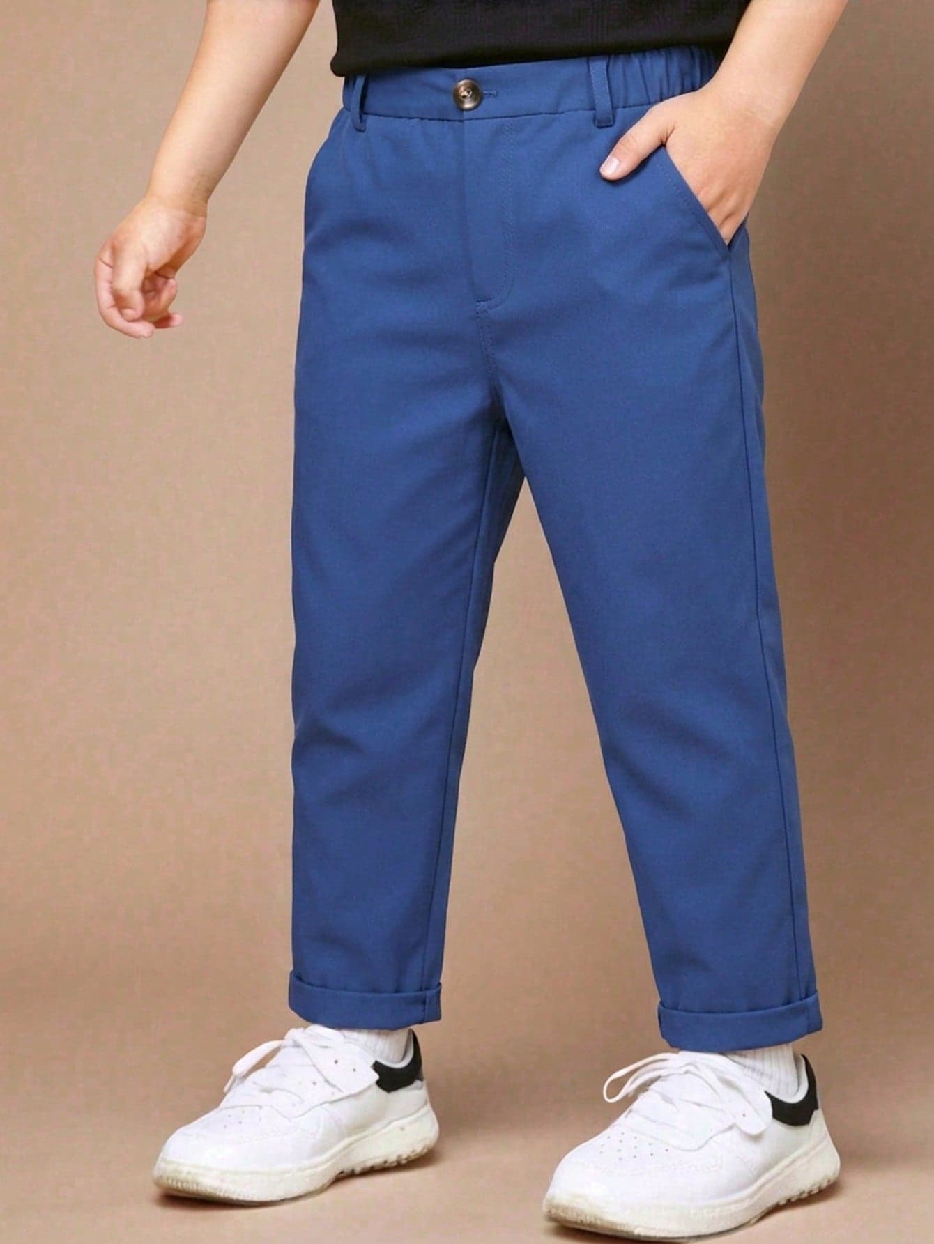 Souflis Souflis Young Boy Casual Solid Color Pants With Single Button Decor And Slant Pockets,Elastic Waist Design For Summer,Back-To-School,Daily Wear And Travel
