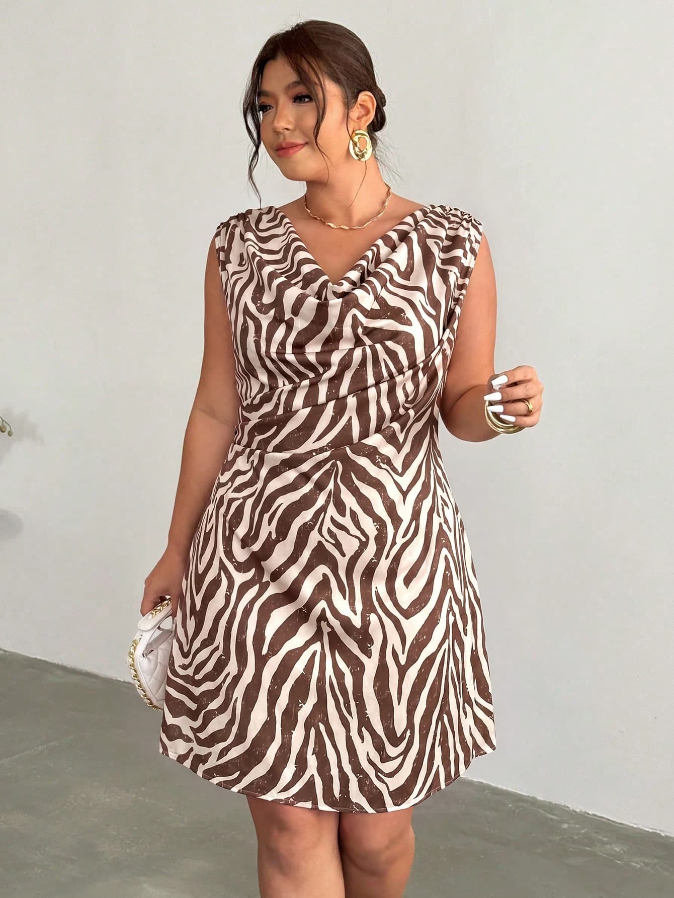Firerie Plus Size Summer Zebra Print Ruffle Neck Pleated Sleeveless Dress Casual Dress Animal Print Dress Casual Summer Vacation Going Out Dress For Women