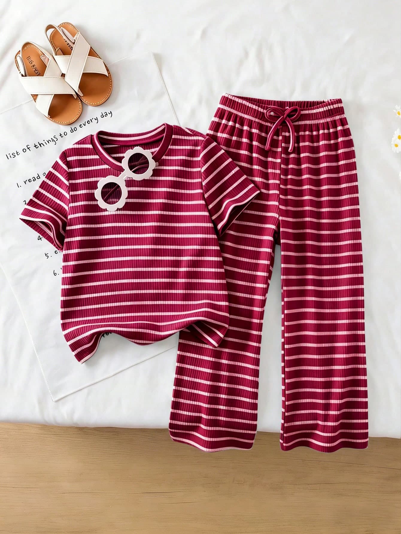 Genkimix Kids Young Girls Casual Textured Striped T-Shirt & Fashion Flare Pants Set, Suitable For Summer, Outing Wear