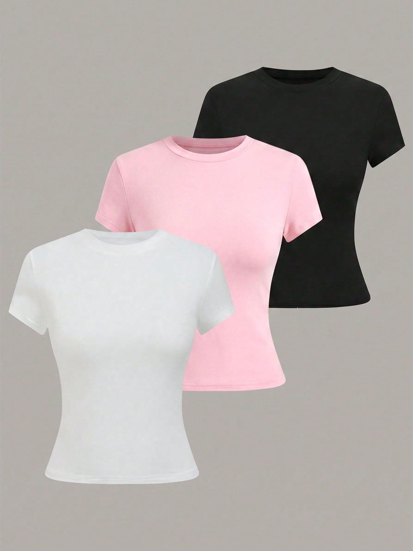 SHEIN Girlism Tween Girl Slim Fit Casual Minimalist Comfortable 3pcs Set Crew Neck Tight Long Short Sleeve T-Shirt KIDS