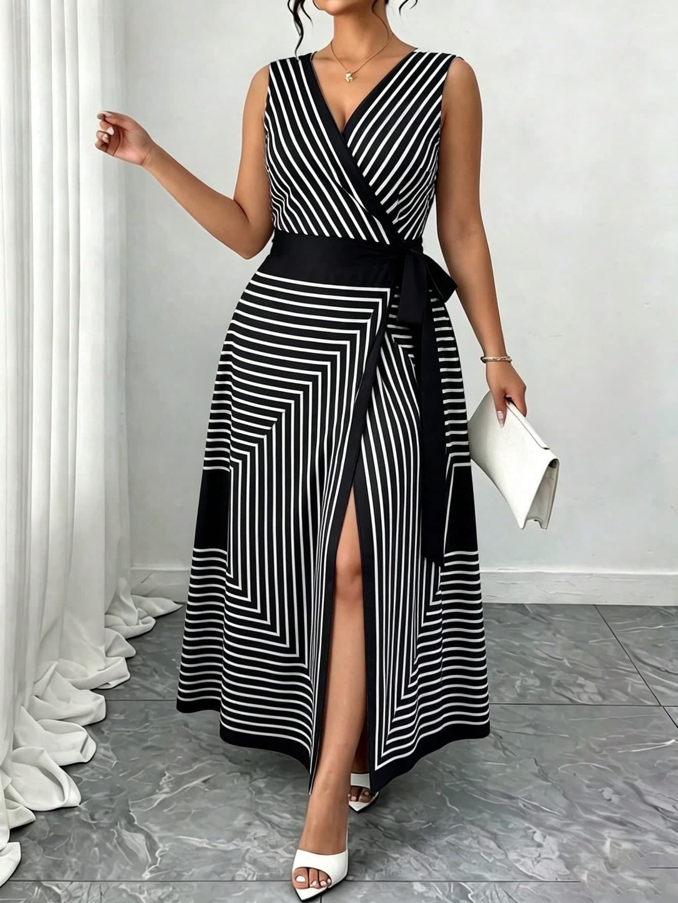 Elenzga Women's Plus Size Spring/Summer Elegant Asymmetrical Geometric Stripe Print Wrap Slit Tie-Up Dress