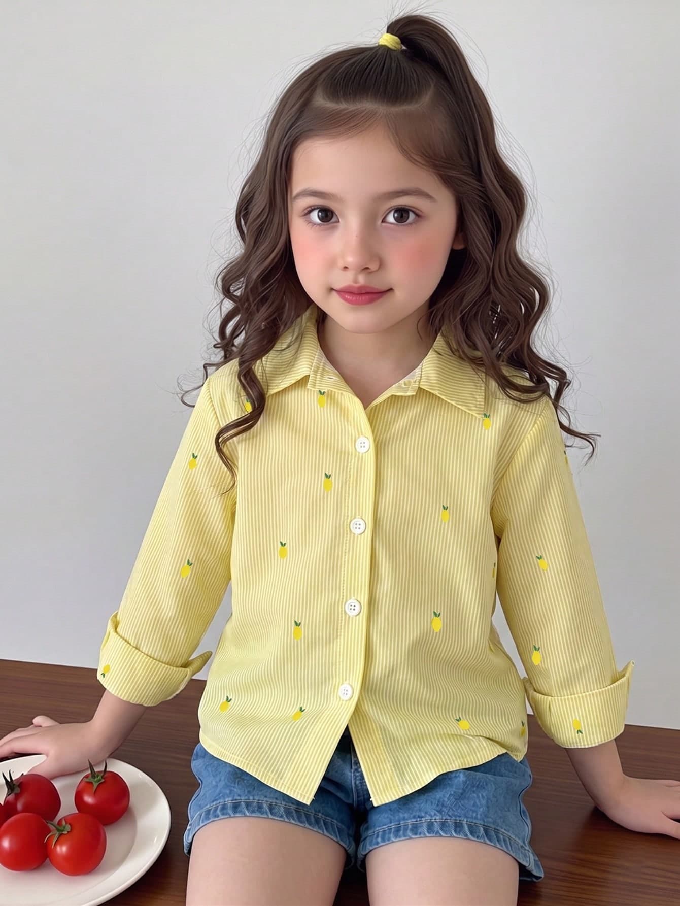 SHEIN Genkimix Kids Young Girls Lemon Stripe Print Shirt, Fresh And Lightweight Design, Long Sleeve Loose Casual Embroidery Pattern, Spring/Autumn