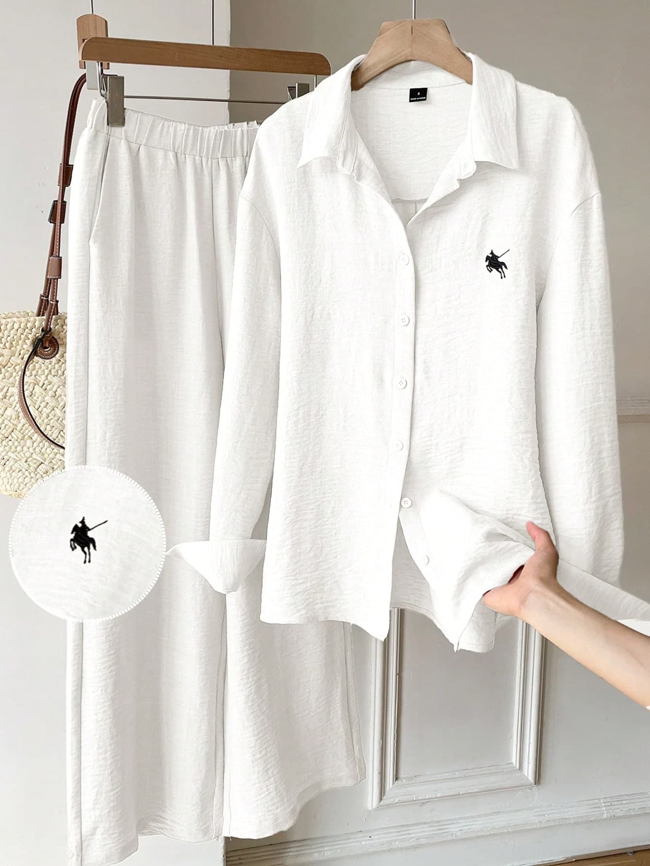 SHEIN EZwear Women's Spring/Autumn Casual Vacation Black And White Woven Embroidered Dropped Shoulder Loose Long Sleeve Shirt Wide Leg Long Pants Set