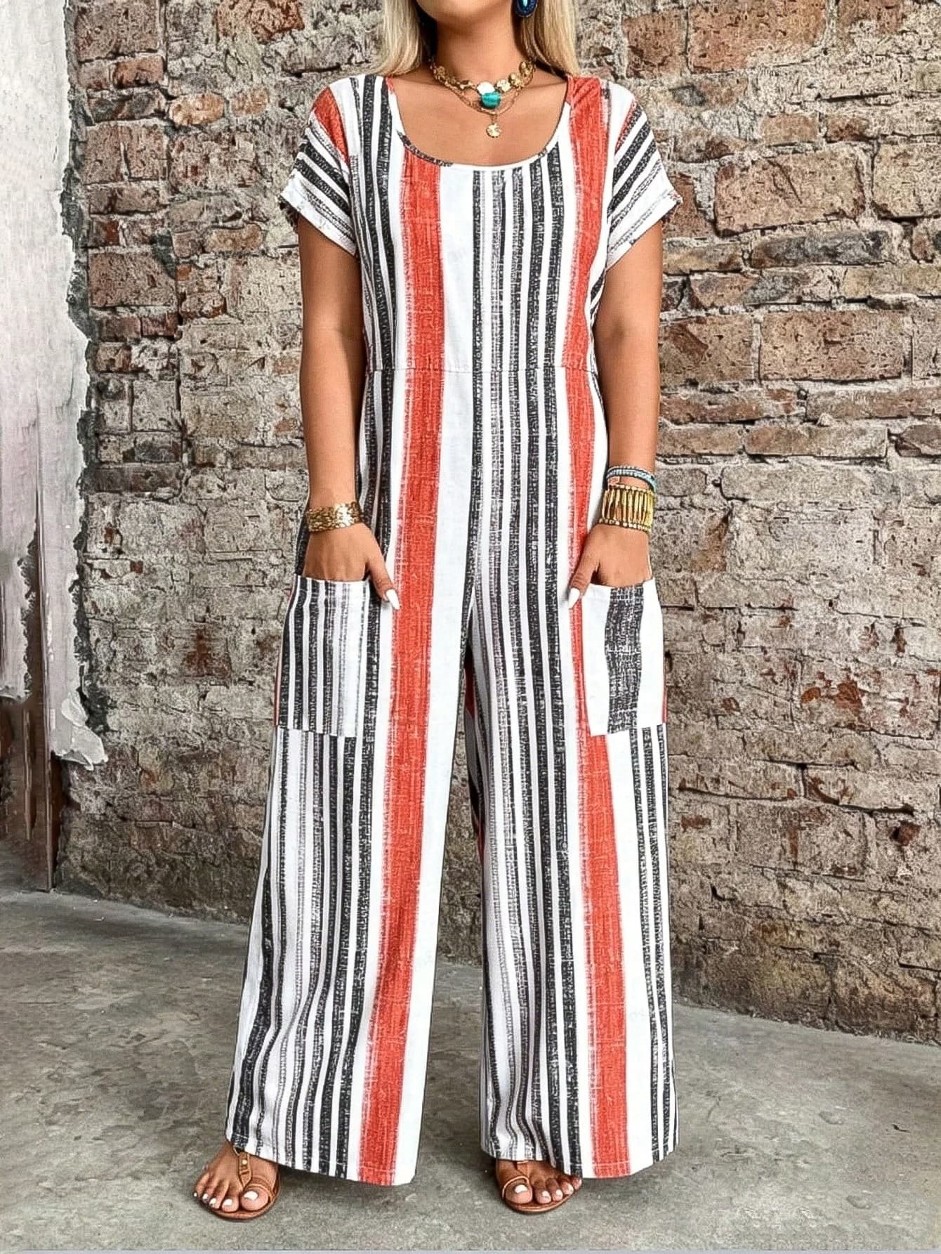 Breezaya Striped Pattern Round Neck Pullover Pocket Decor Jumpsuit