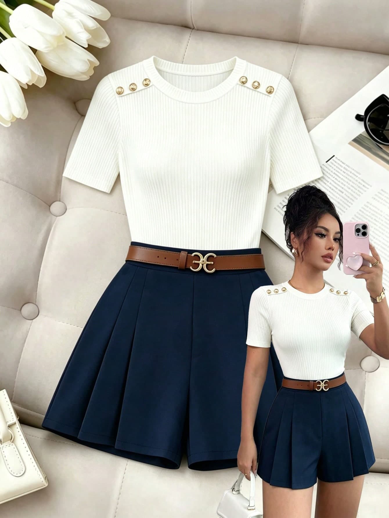 Elenzga Elegant Minimalist Metal Buckle Short Sleeve T-Shirt & Pleated Shorts 2-Piece Set For Women, Youthful Elegant