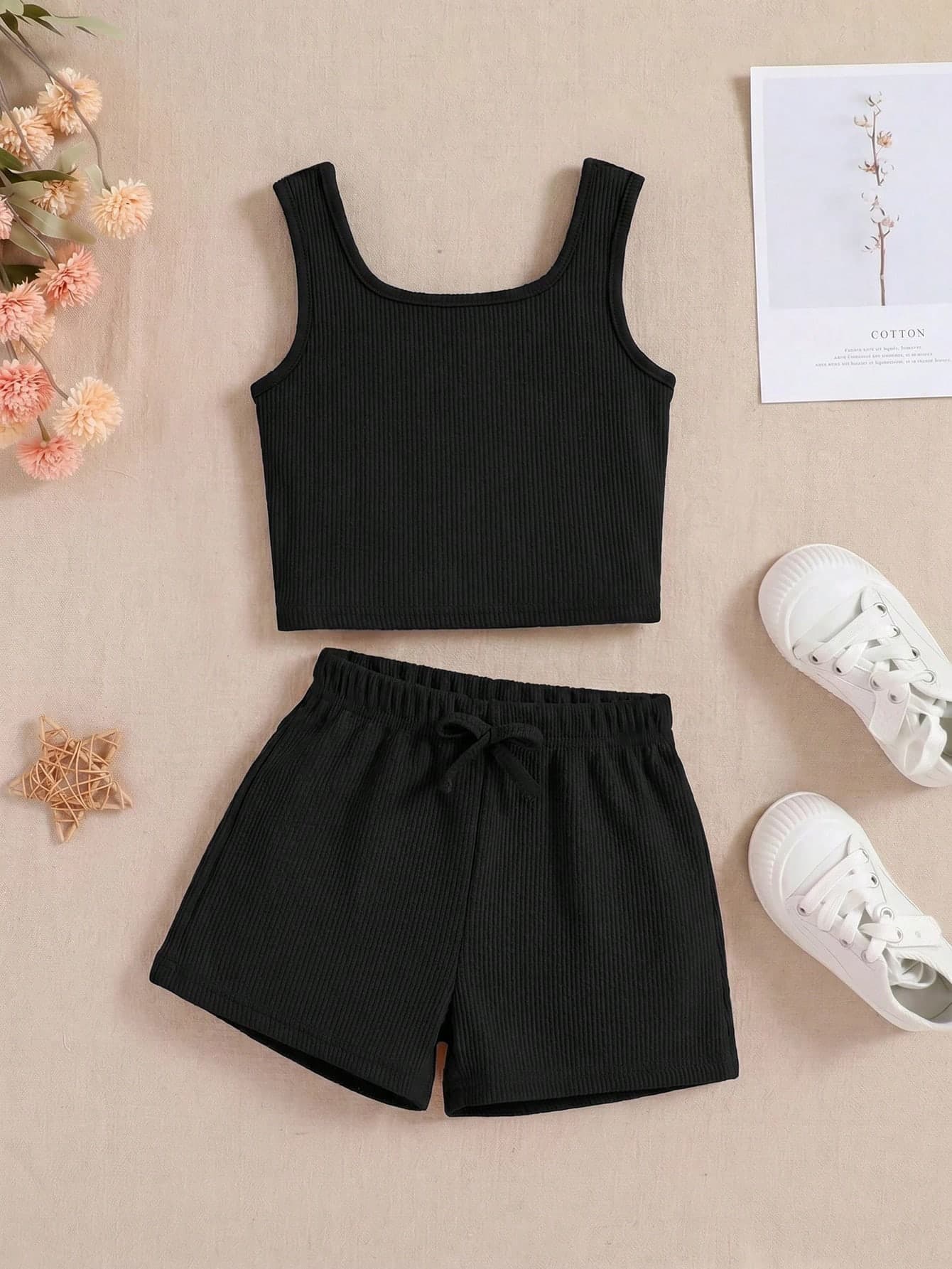 SHEIN Young Girl Daily Casual Home Solid Color Sleeveless Tank Top And Shorts Set