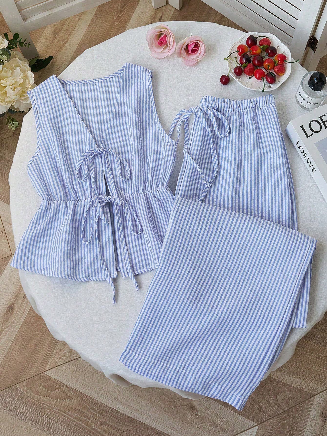 Elamini Tall Spring/Summer V-Neck Tie-Front Sleeveless Waist-Cinching Top & Wide-Leg Pants Set, Casual Striped Petal Sleeve Commuter 2-Piece Outfit For Tall Women