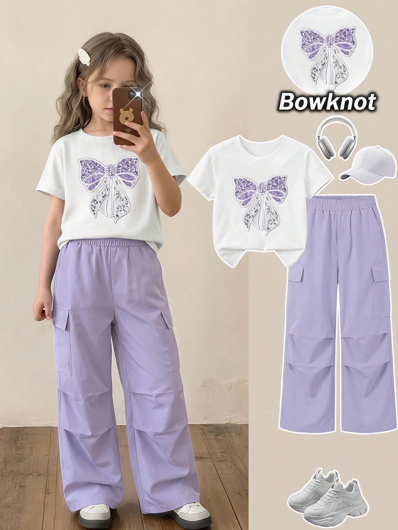 SHEIN Elladie kids Girls' Casual 2-Piece Set,Cute White Round Neck T-Shirt With Purple Bow Print & Cargo Pants,Summer School Back-To-School Outdoor Holiday Outfit