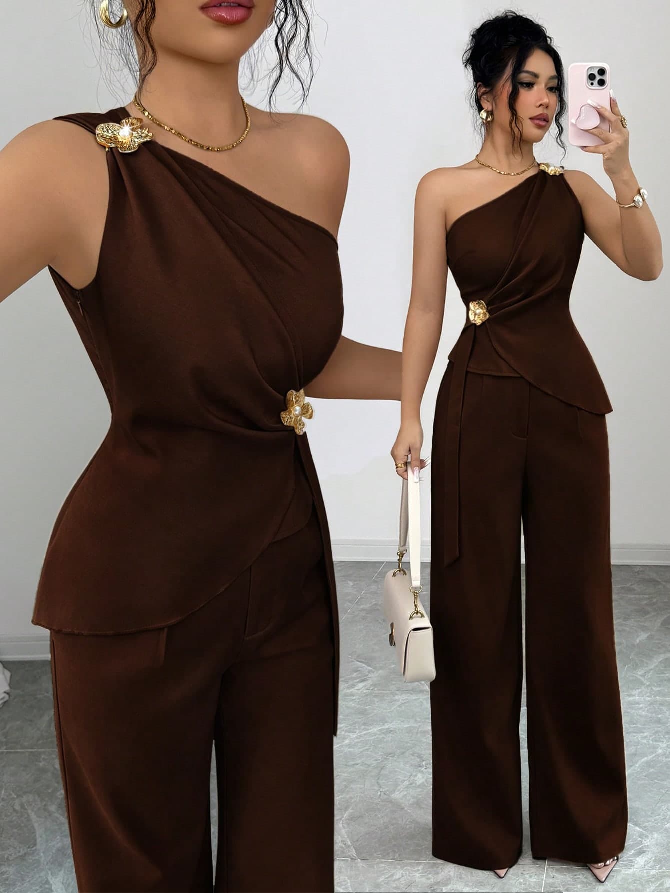 Selianne Minimalist Sexy Style Asymmetric One-Shoulder Tank Top & Bottom 2 Pieces Set For Women