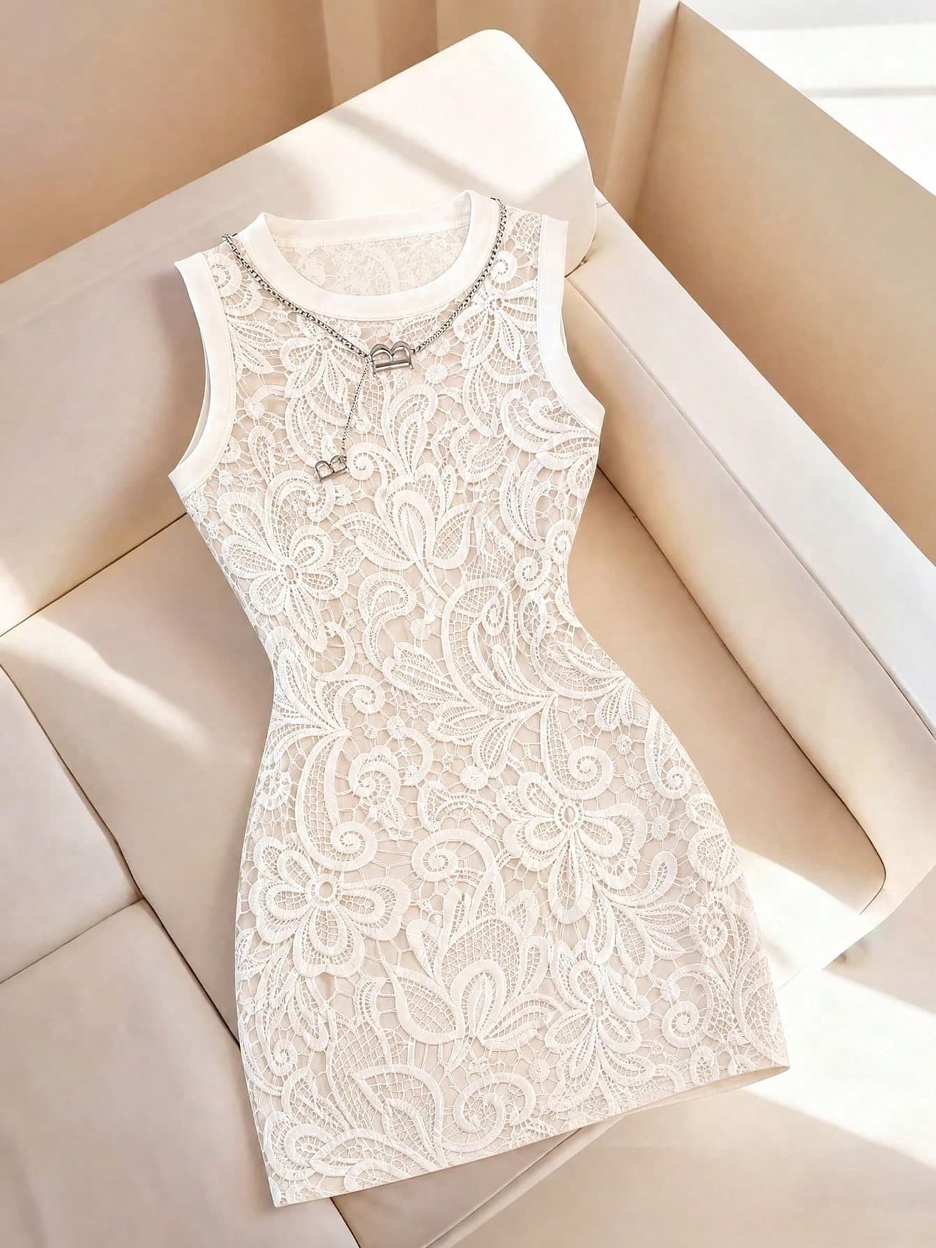 Resyla New Women's Fashion Casual Versatile Round Neck Lace Print Short Dress