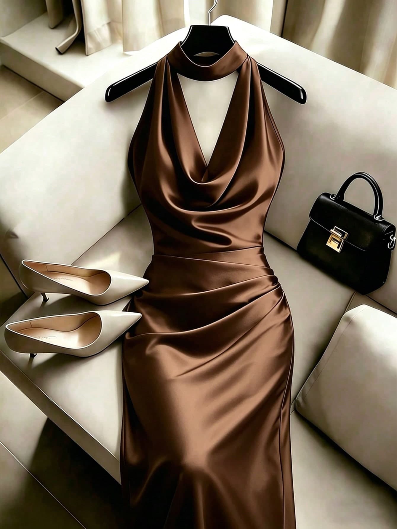 SHEIN Franclia Summer Elegant Solid Color Halter Neck Waist-Cinched Mermaid Hem Dress
